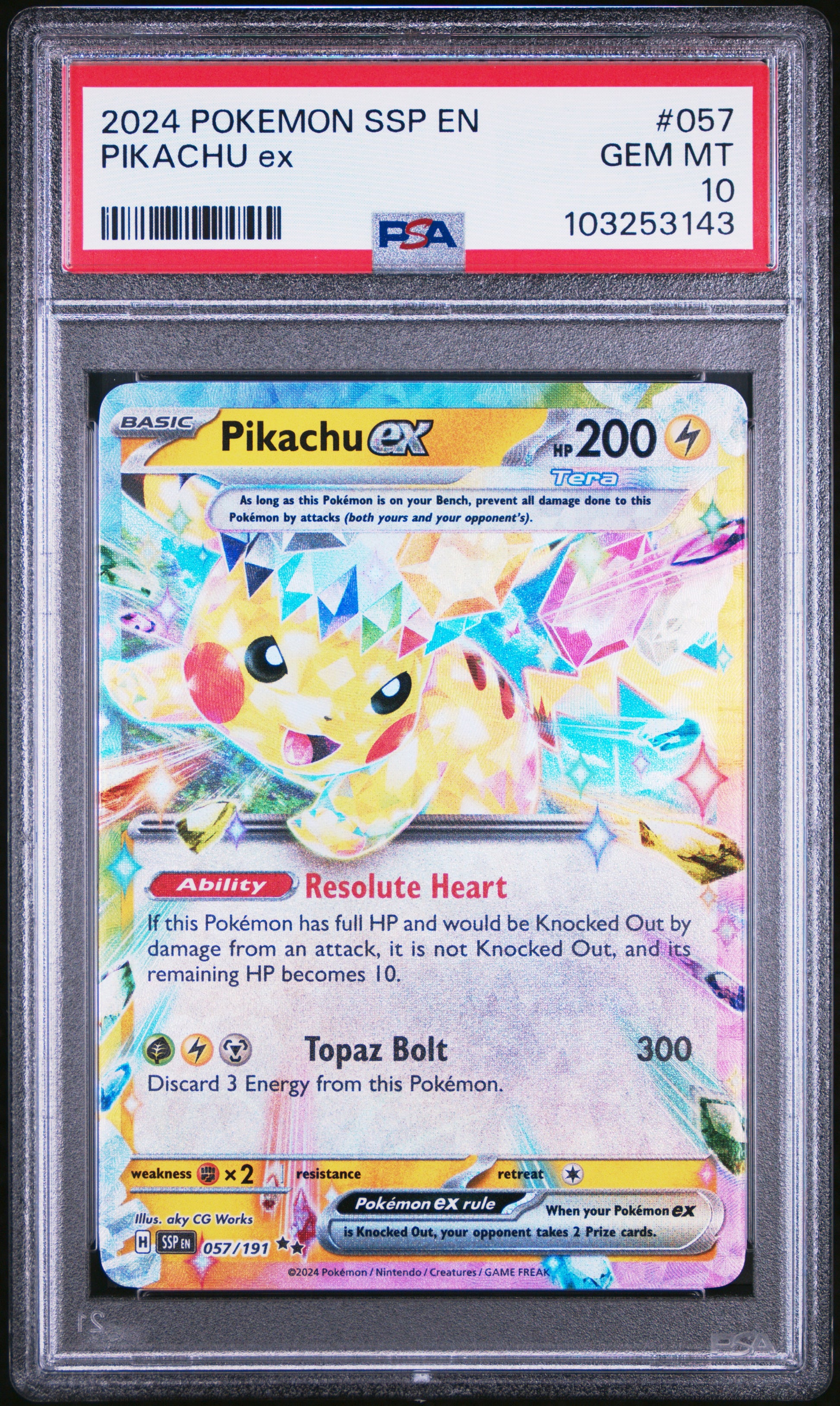 PIKACHU EX 57/191 Common POKEMON SSP EN-SURGING SPARKS PSA10 GEM MT 10 PSA population 4629 <a href=https://www.psacard.com/cert/103253143/psa>https://www.psacard.com/cert/103253143/psa</a>