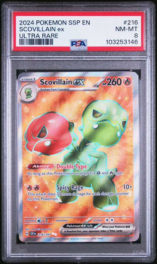 SCOVILLAIN EX 216/191 Common POKEMON SSP EN-SURGING SPARKS ULTRA RARE PSA8 NM-MT 8 PSA population 18 <a href=https://www.psacard.com/cert/103253146/psa>https://www.psacard.com/cert/103253146/psa</a>