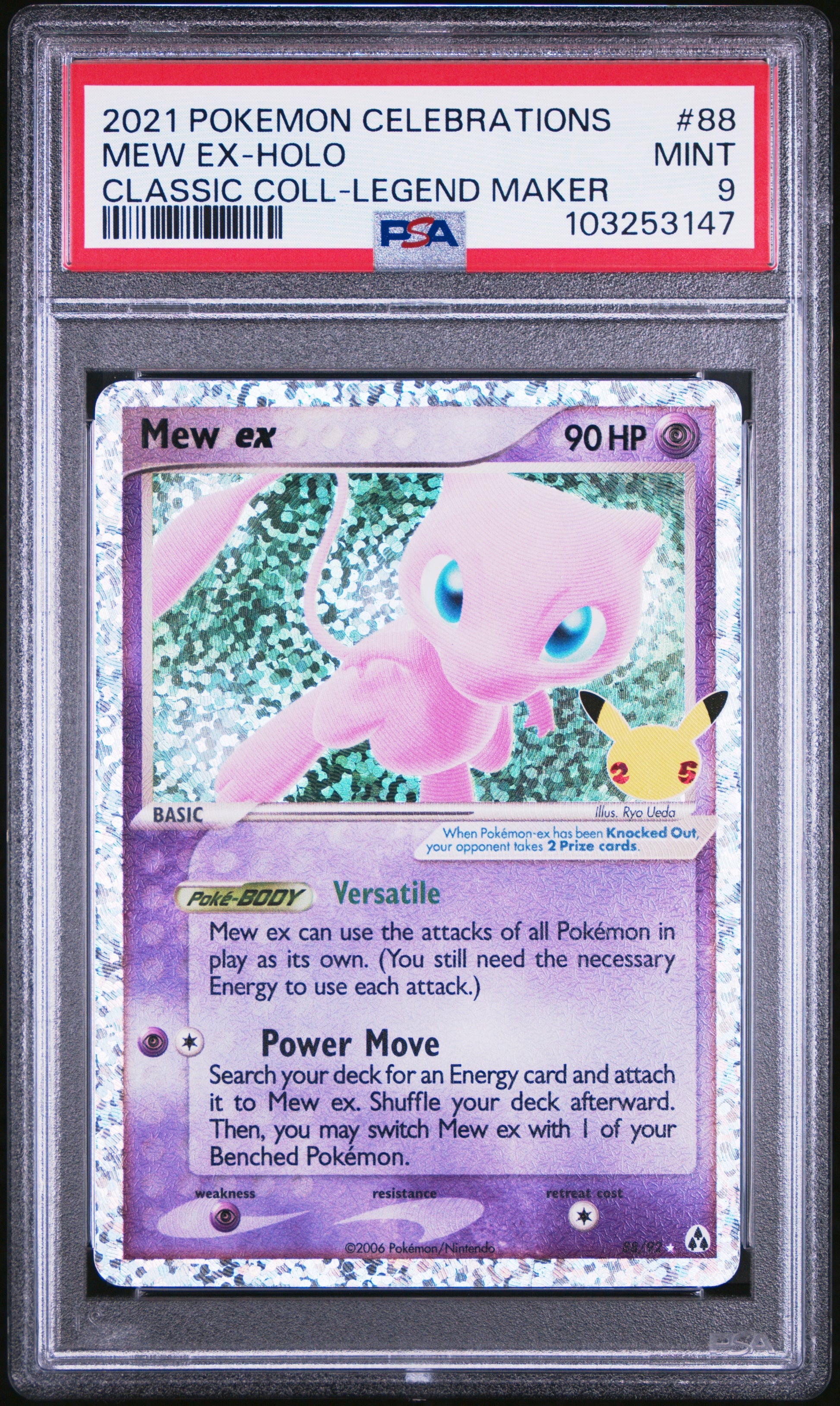 MEW EX-HOLO 88/92 Common POKEMON CELEBRATIONS CLASSIC COLLECTION CLASSIC COLL-LEGEND MAKER PSA9 MINT 9 PSA population 1607 <a href=https://www.psacard.com/cert/103253147/psa>https://www.psacard.com/cert/103253147/psa</a>