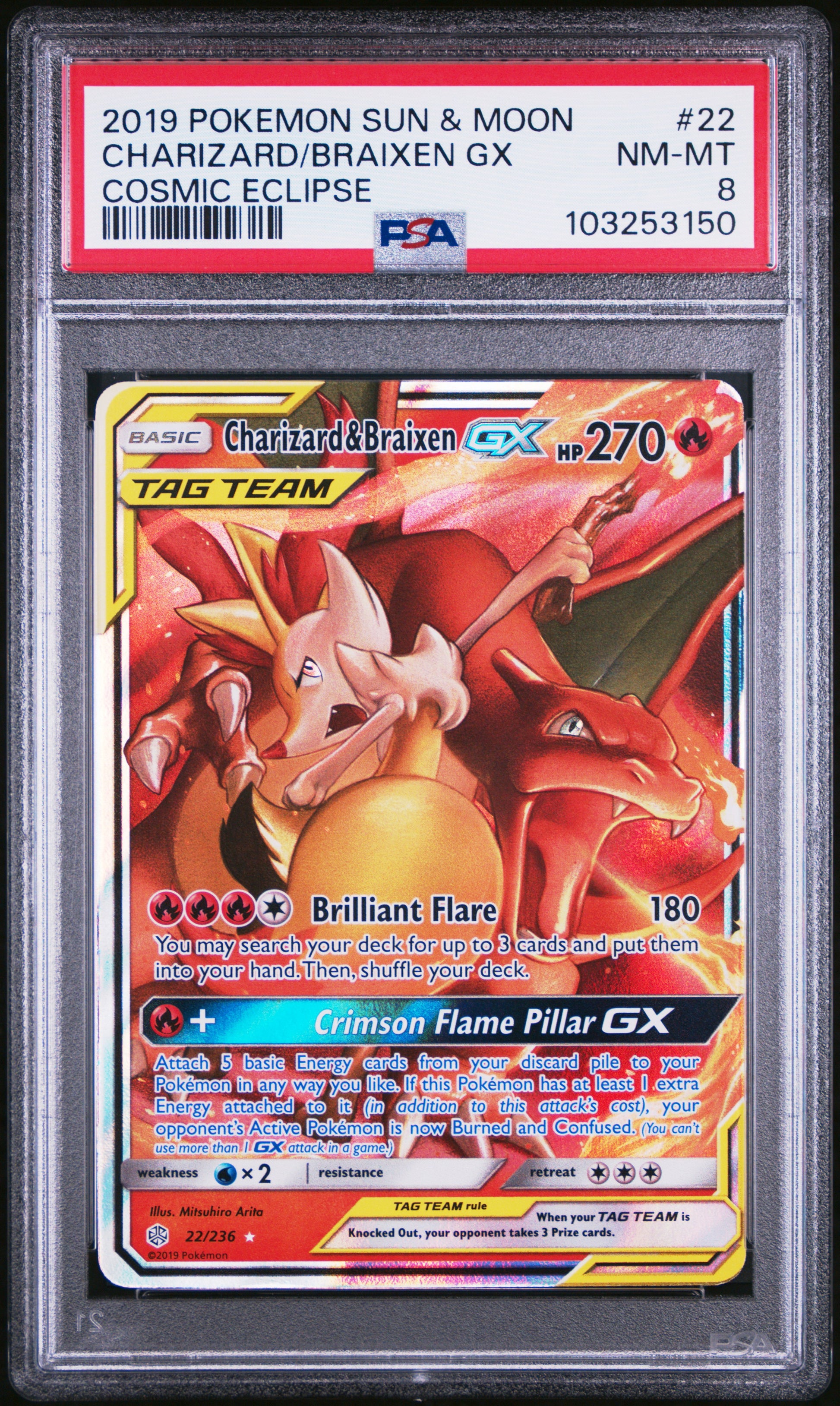 CHARIZARD/BRAIXEN GX 22/236 Common POKEMON SUN & MOON COSMIC ECLIPSE COSMIC ECLIPSE PSA8 NM-MT 8 PSA population 690 <a href=https://www.psacard.com/cert/103253150/psa>https://www.psacard.com/cert/103253150/psa</a>