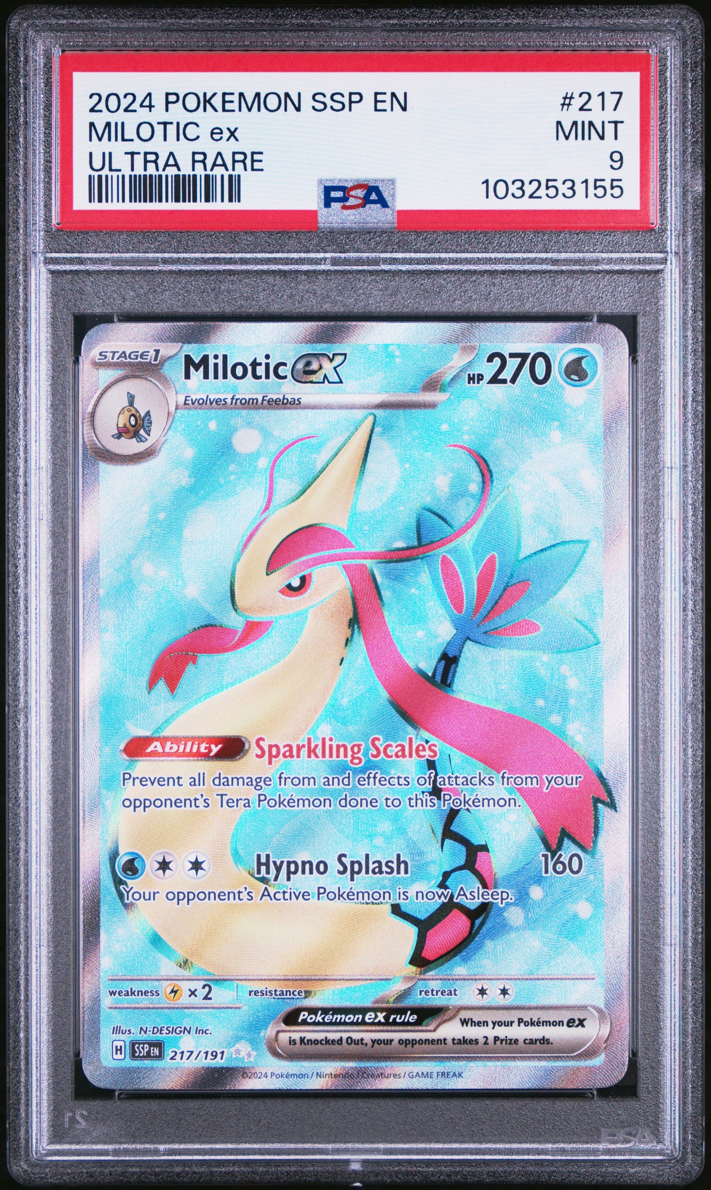 MILOTIC EX 217/191 Common POKEMON SSP EN-SURGING SPARKS ULTRA RARE PSA9 MINT 9 PSA population 449 <a href=https://www.psacard.com/cert/103253155/psa>https://www.psacard.com/cert/103253155/psa</a>