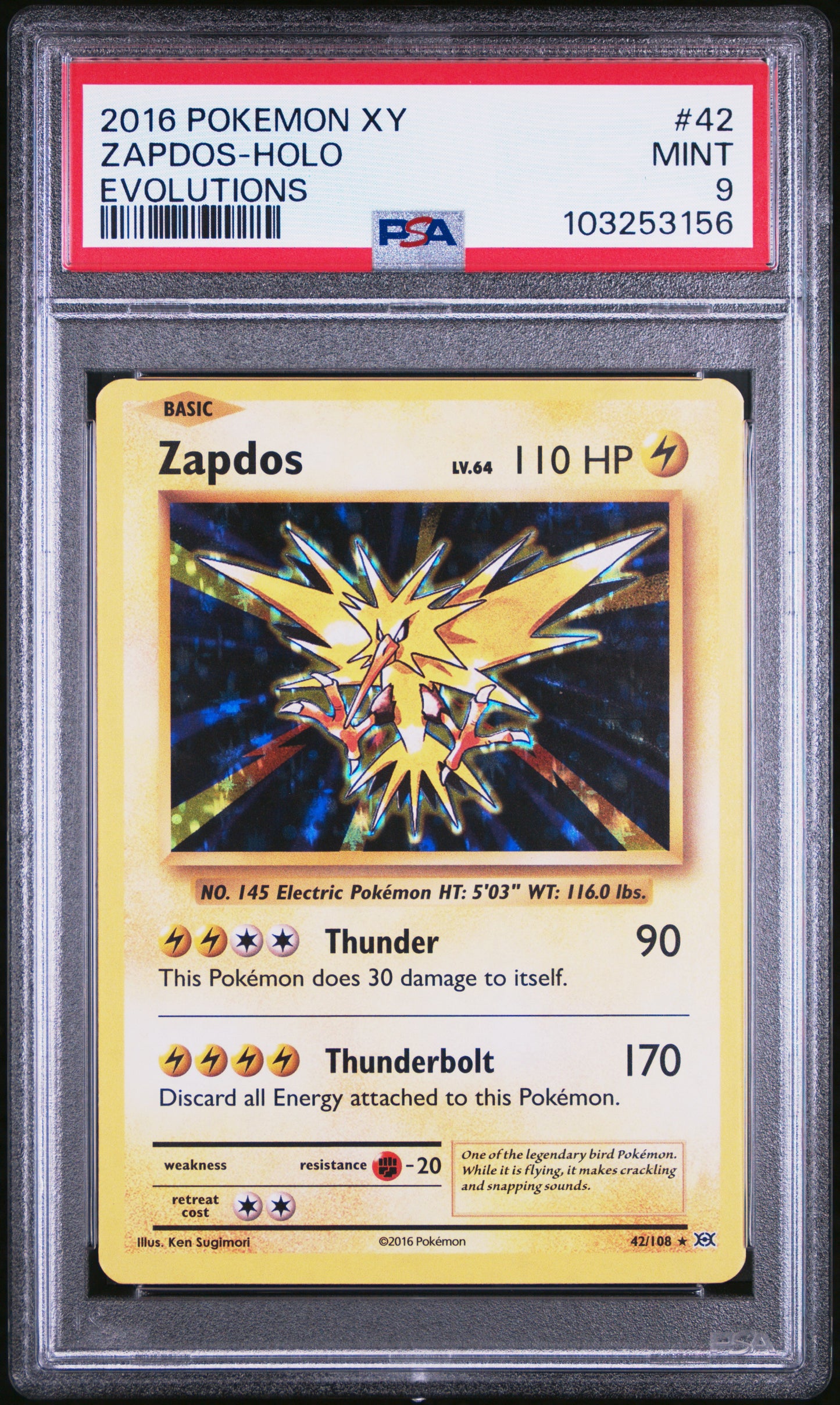 ZAPDOS-HOLO 42/108 Common POKEMON XY EVOLUTIONS EVOLUTIONS PSA9 MINT 9 PSA population 2792 <a href=https://www.psacard.com/cert/103253156/psa>https://www.psacard.com/cert/103253156/psa</a>