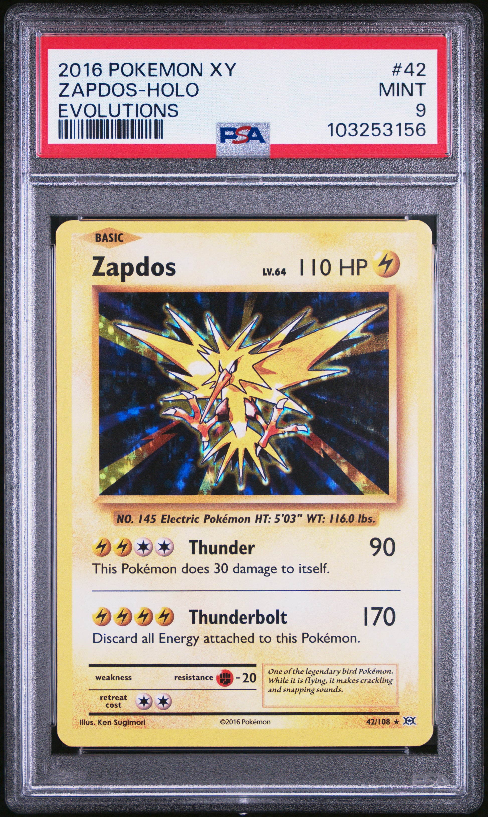ZAPDOS-HOLO 42/108 Common POKEMON XY EVOLUTIONS EVOLUTIONS PSA9 MINT 9 PSA population 2792 <a href=https://www.psacard.com/cert/103253156/psa>https://www.psacard.com/cert/103253156/psa</a>