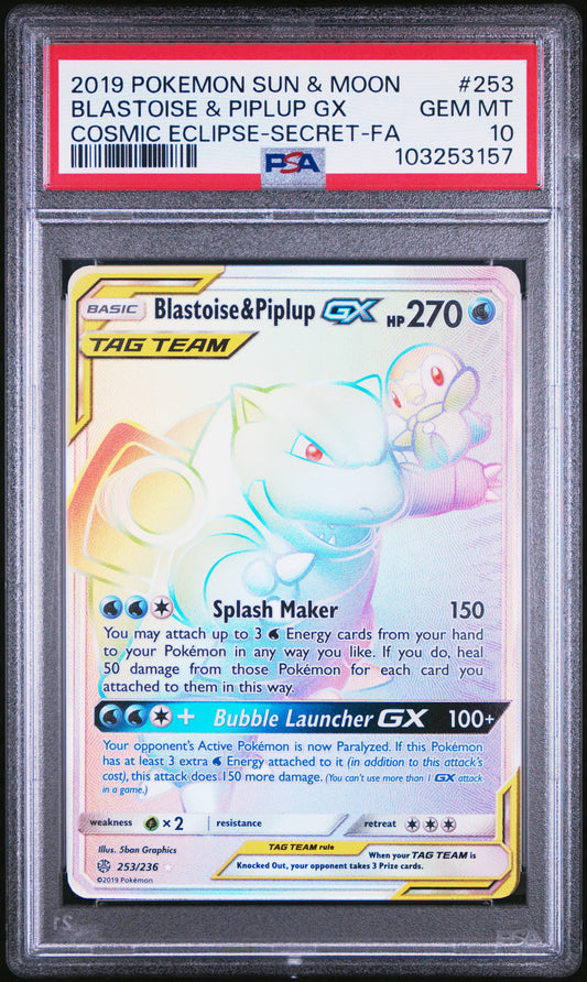 BLASTOISE & PIPLUP GX 253/236 Common POKEMON SUN & MOON COSMIC ECLIPSE COSMIC ECLIPSE-SECRET-FA PSA10 GEM MT 10 PSA population 797 <a href=https://www.psacard.com/cert/103253157/psa>https://www.psacard.com/cert/103253157/psa</a>