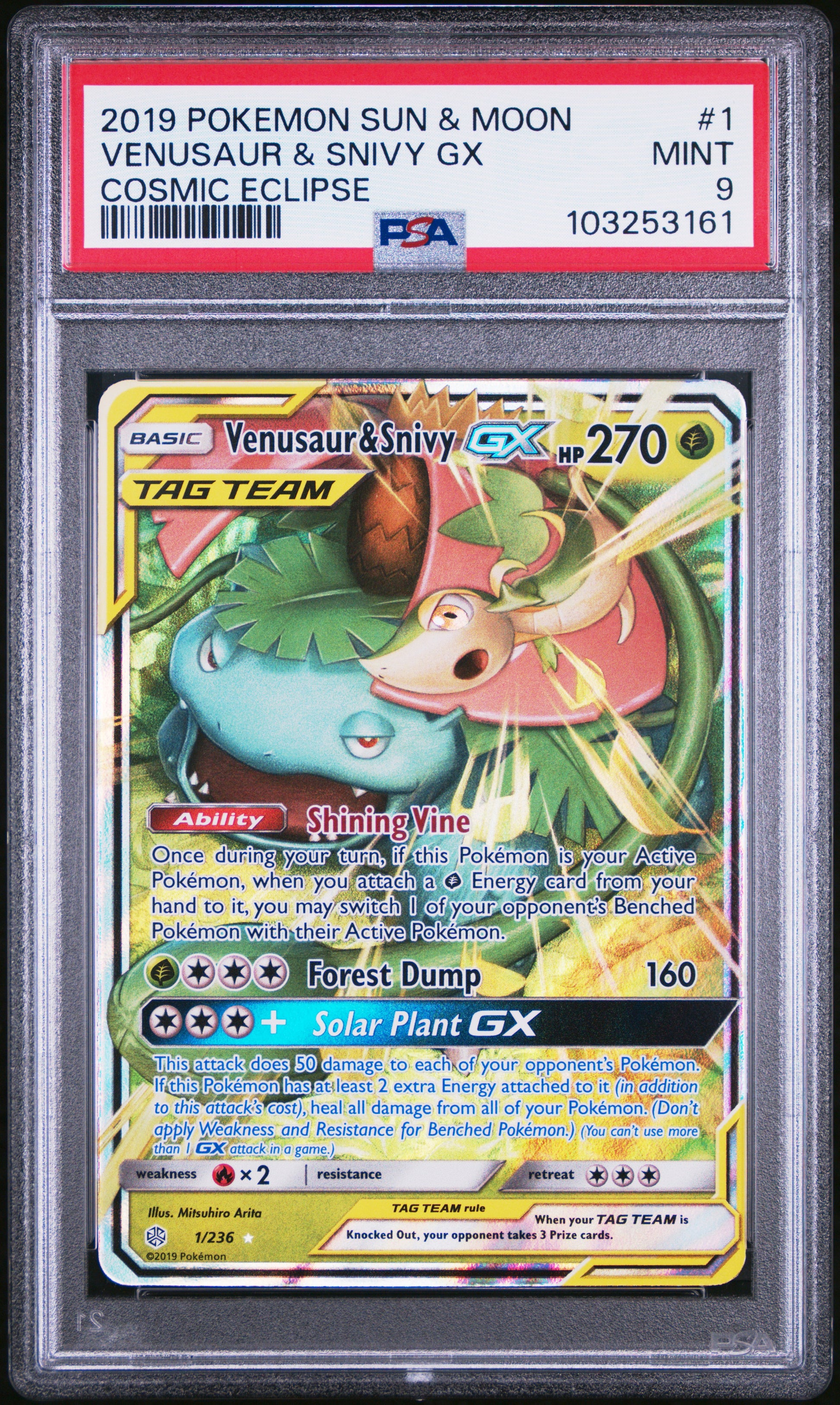 VENUSAUR & SNIVY GX 1/236 Common POKEMON SUN & MOON COSMIC ECLIPSE COSMIC ECLIPSE PSA9 MINT 9 PSA population 721 <a href=https://www.psacard.com/cert/103253161/psa>https://www.psacard.com/cert/103253161/psa</a>