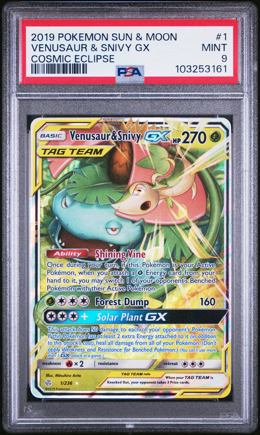 VENUSAUR & SNIVY GX 1/236 Common POKEMON SUN & MOON COSMIC ECLIPSE COSMIC ECLIPSE PSA9 MINT 9 PSA population 721 <a href=https://www.psacard.com/cert/103253161/psa>https://www.psacard.com/cert/103253161/psa</a>