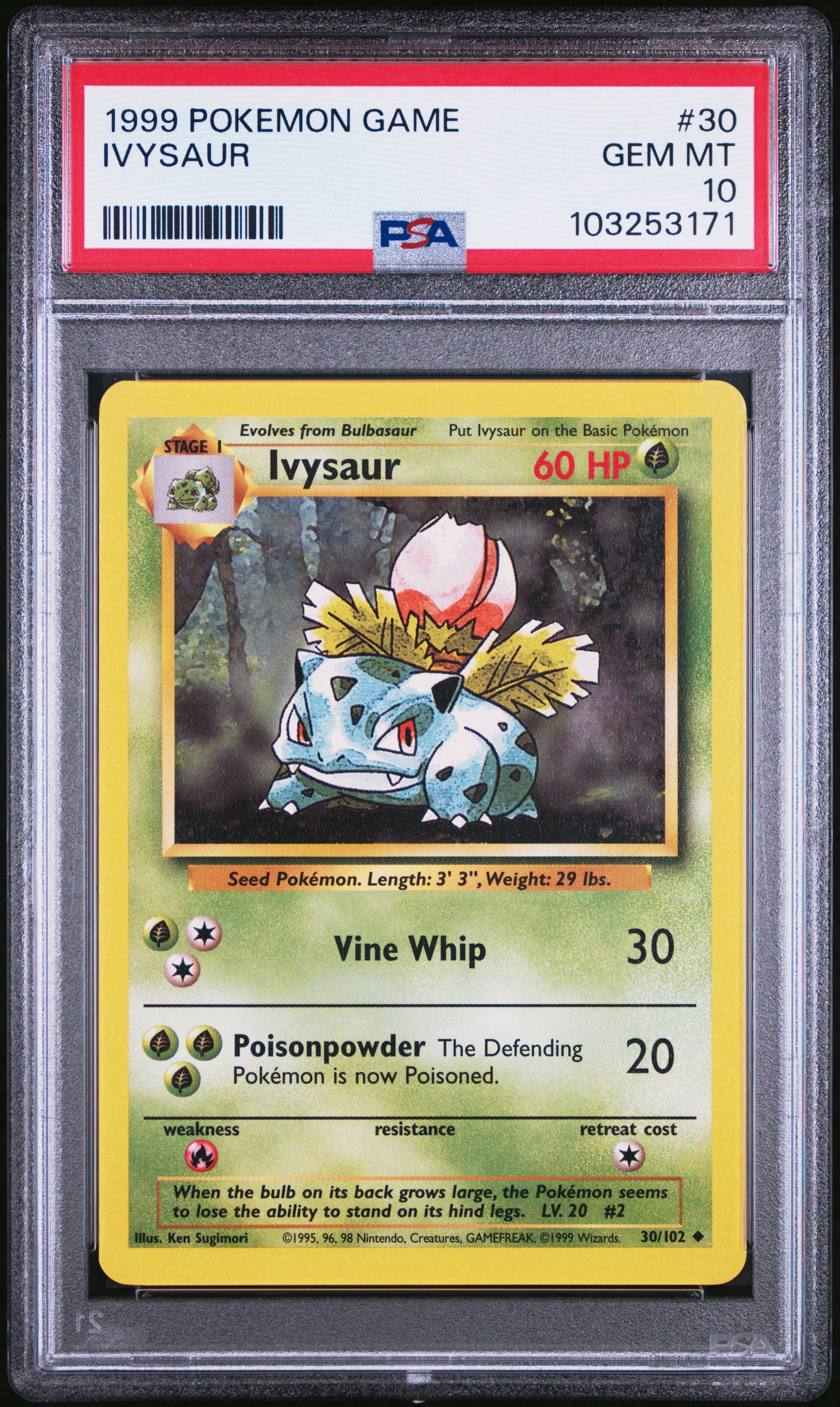 IVYSAUR 30/102 Unlimited POKEMON GAME PSA10 GEM MT 10 PSA population 856 <a href=https://www.psacard.com/cert/103253171/psa>https://www.psacard.com/cert/103253171/psa</a>
