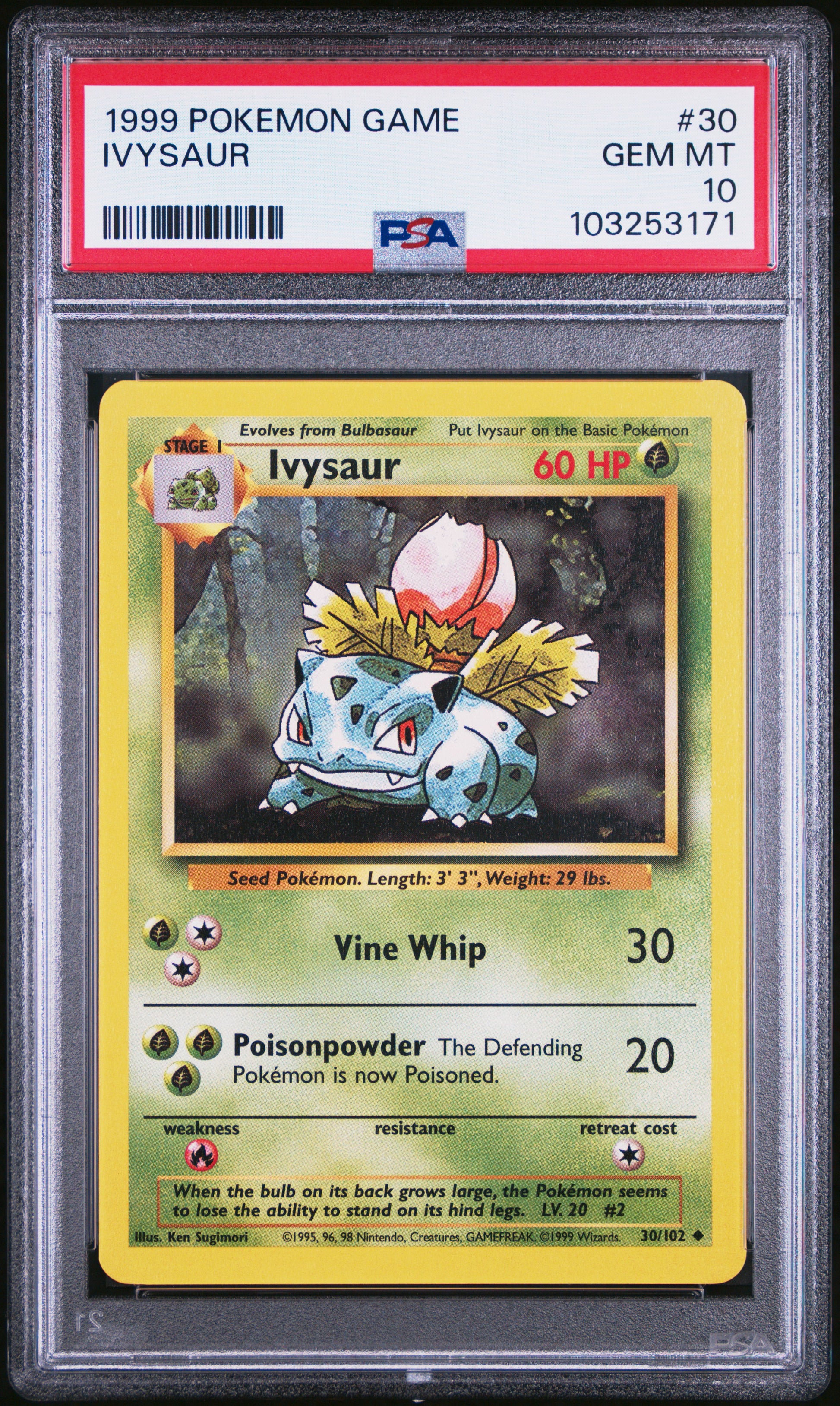 IVYSAUR 30/102 Unlimited POKEMON GAME PSA10 GEM MT 10 PSA population 856 <a href=https://www.psacard.com/cert/103253171/psa>https://www.psacard.com/cert/103253171/psa</a>