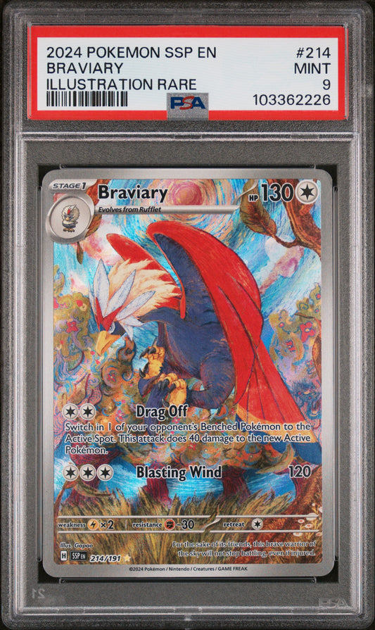 BRAVIARY 214/191 Common POKEMON SSP EN-SURGING SPARKS ILLUSTRATION RARE PSA9 MINT 9 PSA population 1639 <a href=https://www.psacard.com/cert/103362226/psa>https://www.psacard.com/cert/103362226/psa</a>