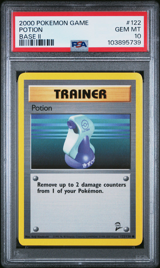 POTION 122/130 Common POKEMON GAME BASE II BASE II PSA10 GEM MT 10 PSA population 29 <a href=https://www.psacard.com/cert/103895739/psa>https://www.psacard.com/cert/103895739/psa</a>