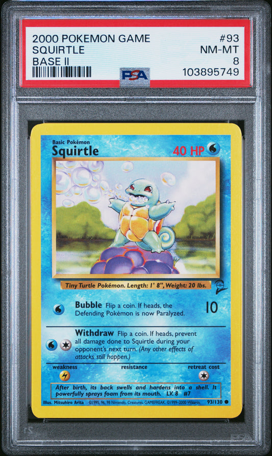 SQUIRTLE 93/130 Common POKEMON GAME BASE II BASE II PSA8 NM-MT 8 PSA population 387 <a href=https://www.psacard.com/cert/103895749/psa>https://www.psacard.com/cert/103895749/psa</a>