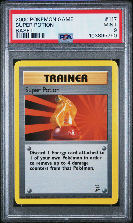 SUPER POTION 117/130 Common POKEMON GAME BASE II BASE II PSA9 MINT 9 PSA population 34 <a href=https://www.psacard.com/cert/103895750/psa>https://www.psacard.com/cert/103895750/psa</a>