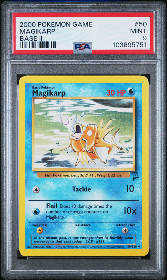 MAGIKARP 50/130 Common POKEMON GAME BASE II BASE II PSA9 MINT 9 PSA population 85 <a href=https://www.psacard.com/cert/103895751/psa>https://www.psacard.com/cert/103895751/psa</a>