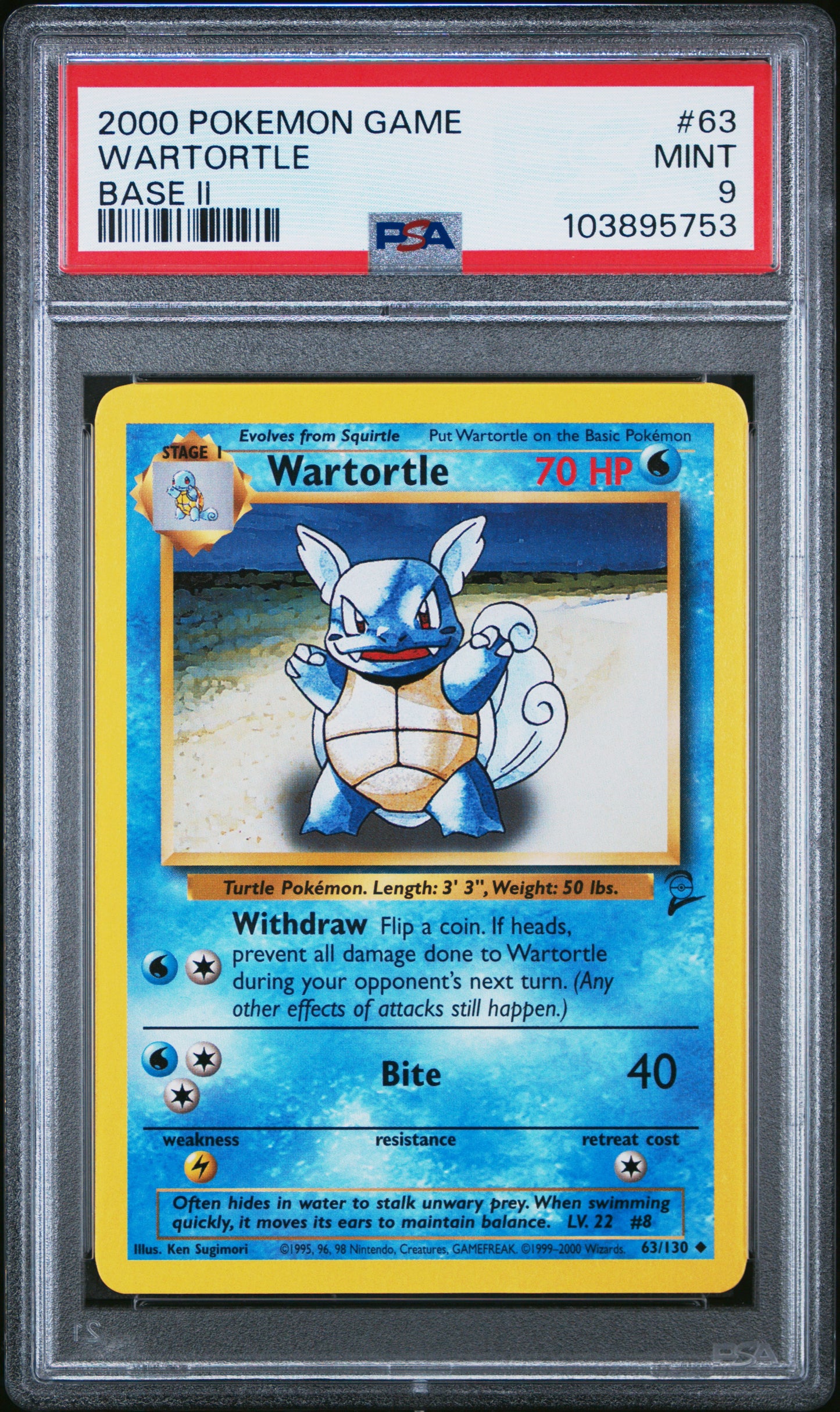WARTORTLE 63/130 Common POKEMON GAME BASE II BASE II PSA9 MINT 9 PSA population 289 <a href=https://www.psacard.com/cert/103895753/psa>https://www.psacard.com/cert/103895753/psa</a>