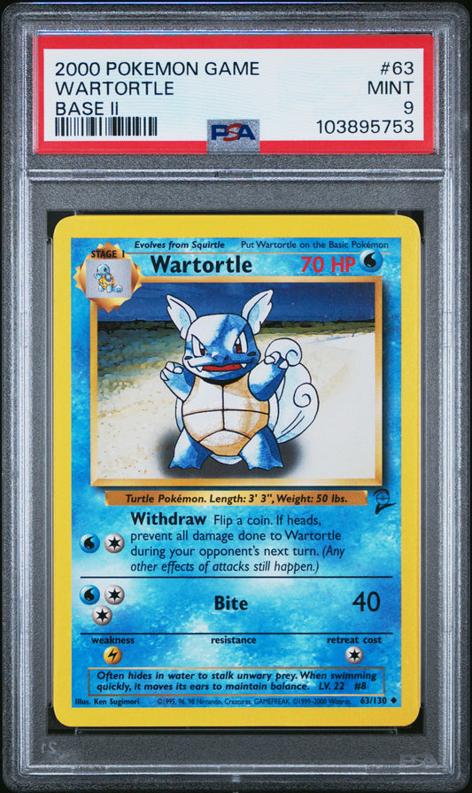 WARTORTLE 63/130 Common POKEMON GAME BASE II BASE II PSA9 MINT 9 PSA population 289 <a href=https://www.psacard.com/cert/103895753/psa>https://www.psacard.com/cert/103895753/psa</a>