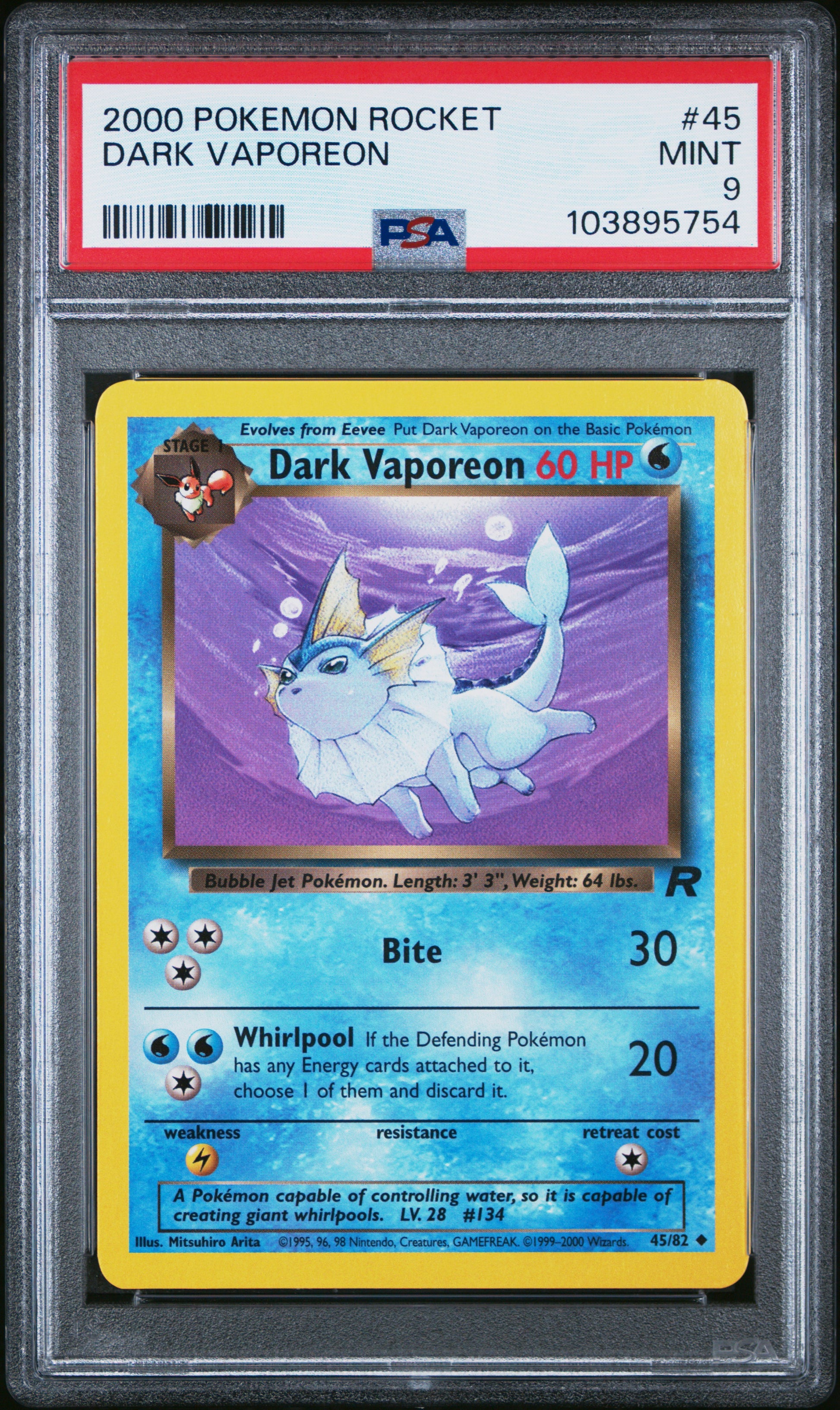 DARK VAPOREON 45/82 Common POKEMON ROCKET PSA9 MINT 9 PSA population 270 <a href=https://www.psacard.com/cert/103895754/psa>https://www.psacard.com/cert/103895754/psa</a>