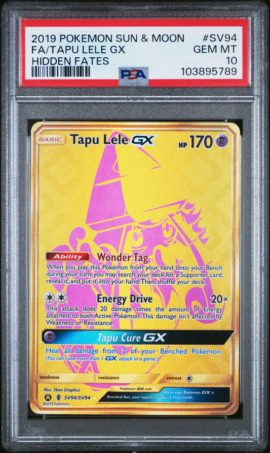 FA/TAPU LELE GX SV94/SV94 Common POKEMON SUN & MOON HIDDEN FATES HIDDEN FATES PSA10 GEM MT 10 PSA population 1105 <a href=https://www.psacard.com/cert/103895789/psa>https://www.psacard.com/cert/103895789/psa</a>