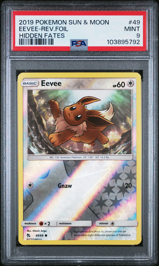 EEVEE-REV.FOIL 49/68 [Reverse Holo]  POKEMON SUN & MOON HIDDEN FATES HIDDEN FATES PSA9 MINT 9 PSA population 128 <a href=https://www.psacard.com/cert/103895792/psa>https://www.psacard.com/cert/103895792/psa</a>