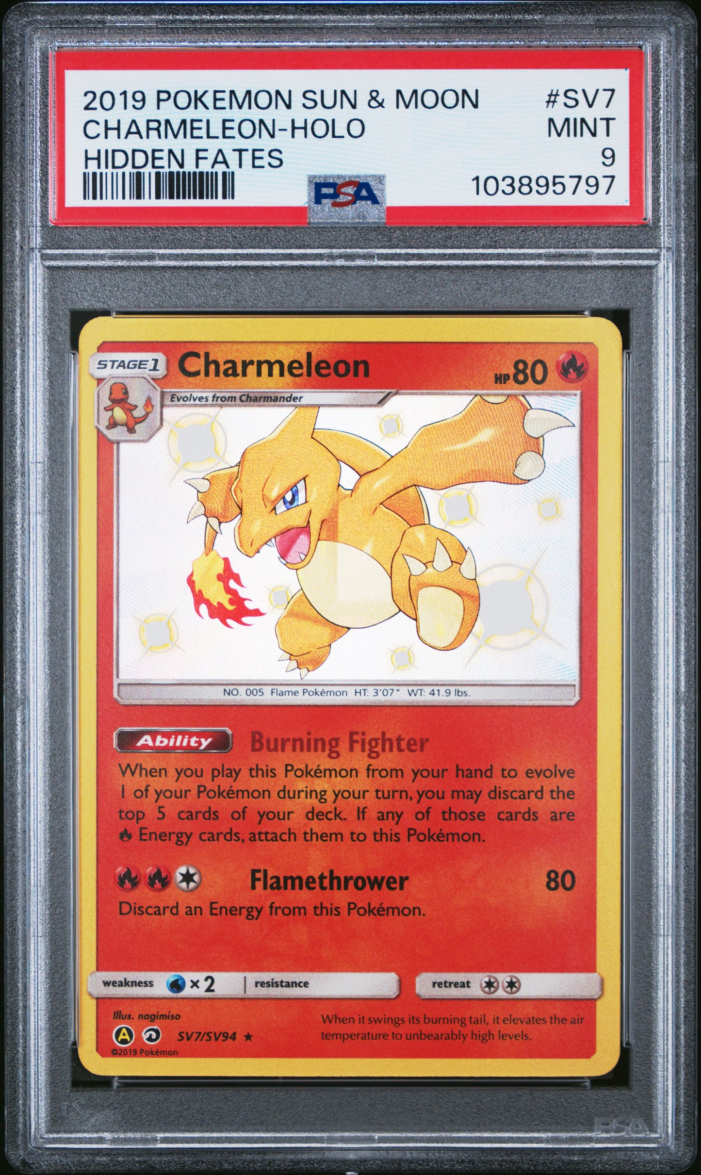 CHARMELEON-HOLO SV7/SV94 Common POKEMON SUN & MOON HIDDEN FATES HIDDEN FATES PSA9 MINT 9 PSA population 2424 <a href=https://www.psacard.com/cert/103895797/psa>https://www.psacard.com/cert/103895797/psa</a>