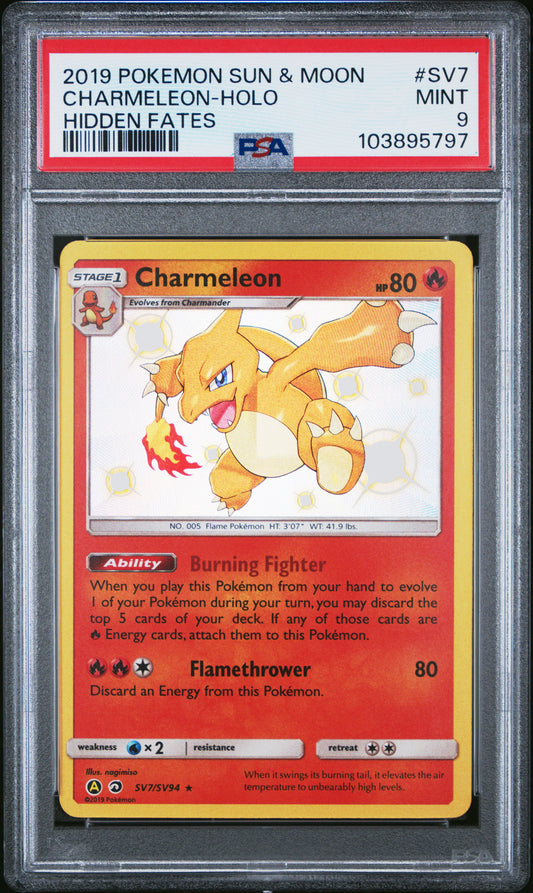 CHARMELEON-HOLO SV7/SV94 Common POKEMON SUN & MOON HIDDEN FATES HIDDEN FATES PSA9 MINT 9 PSA population 2424 <a href=https://www.psacard.com/cert/103895797/psa>https://www.psacard.com/cert/103895797/psa</a>