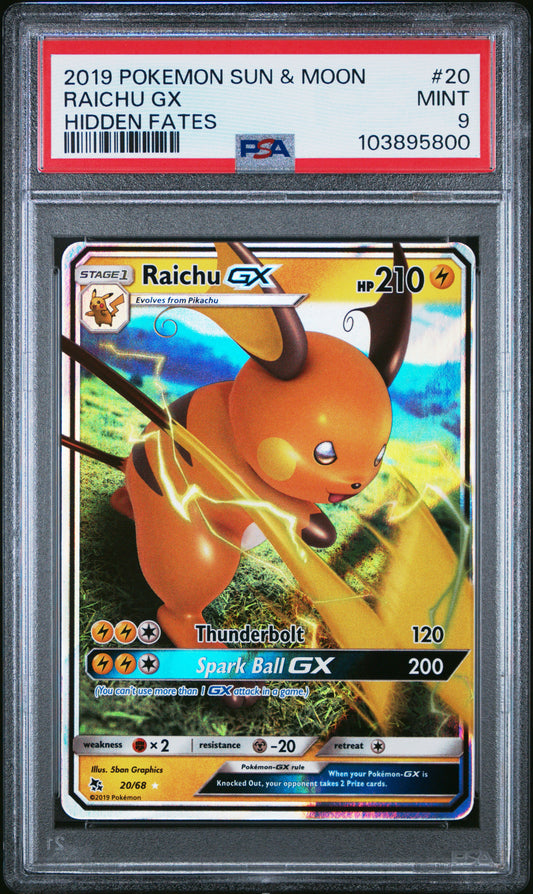 RAICHU GX 20/68 Common POKEMON SUN & MOON HIDDEN FATES HIDDEN FATES PSA9 MINT 9 PSA population 727 <a href=https://www.psacard.com/cert/103895800/psa>https://www.psacard.com/cert/103895800/psa</a>