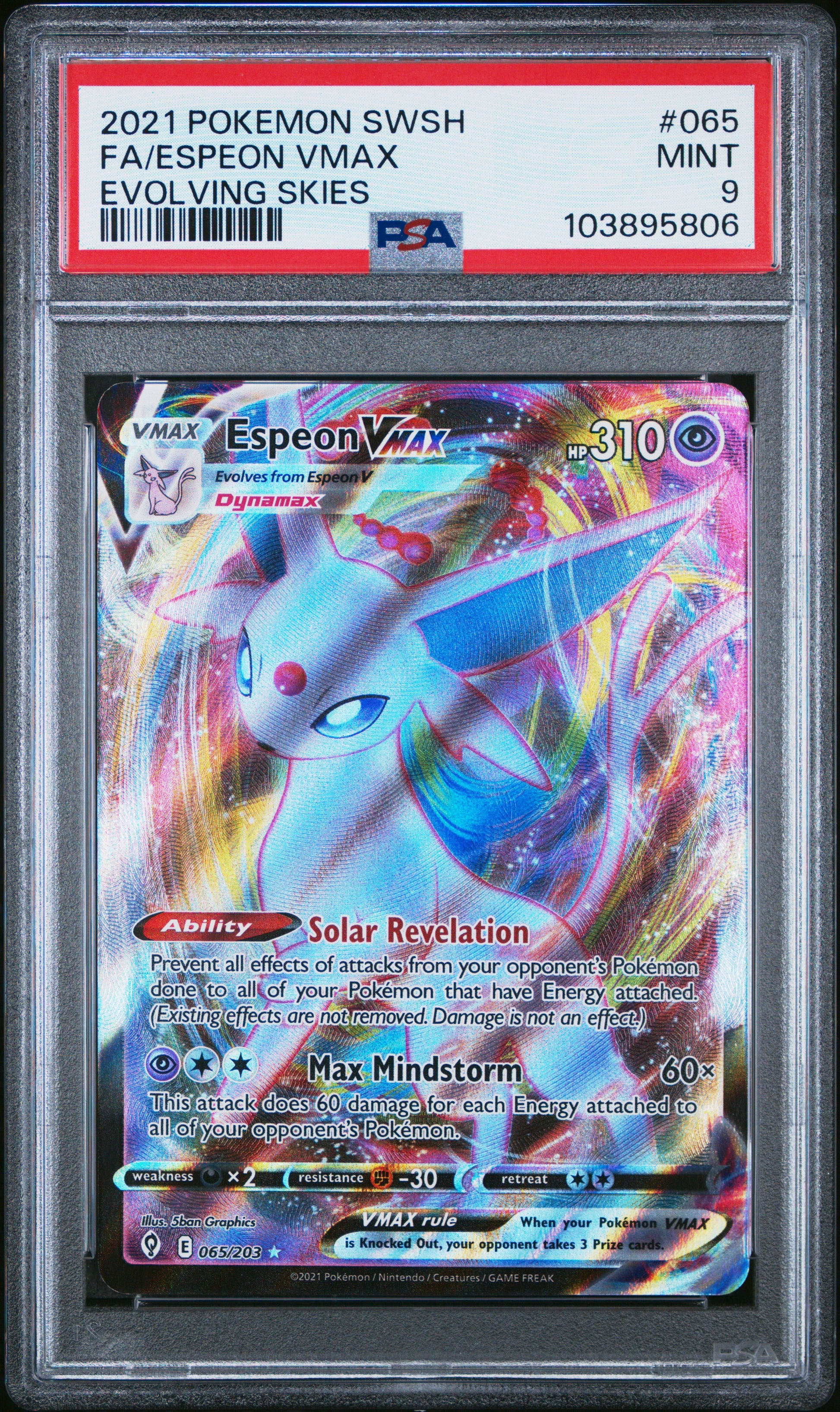 FA/ESPEON VMAX 65/203 Common POKEMON SWORD & SHIELD EVOLVING SKIES EVOLVING SKIES PSA9 MINT 9 PSA population 503 <a href=https://www.psacard.com/cert/103895806/psa>https://www.psacard.com/cert/103895806/psa</a>