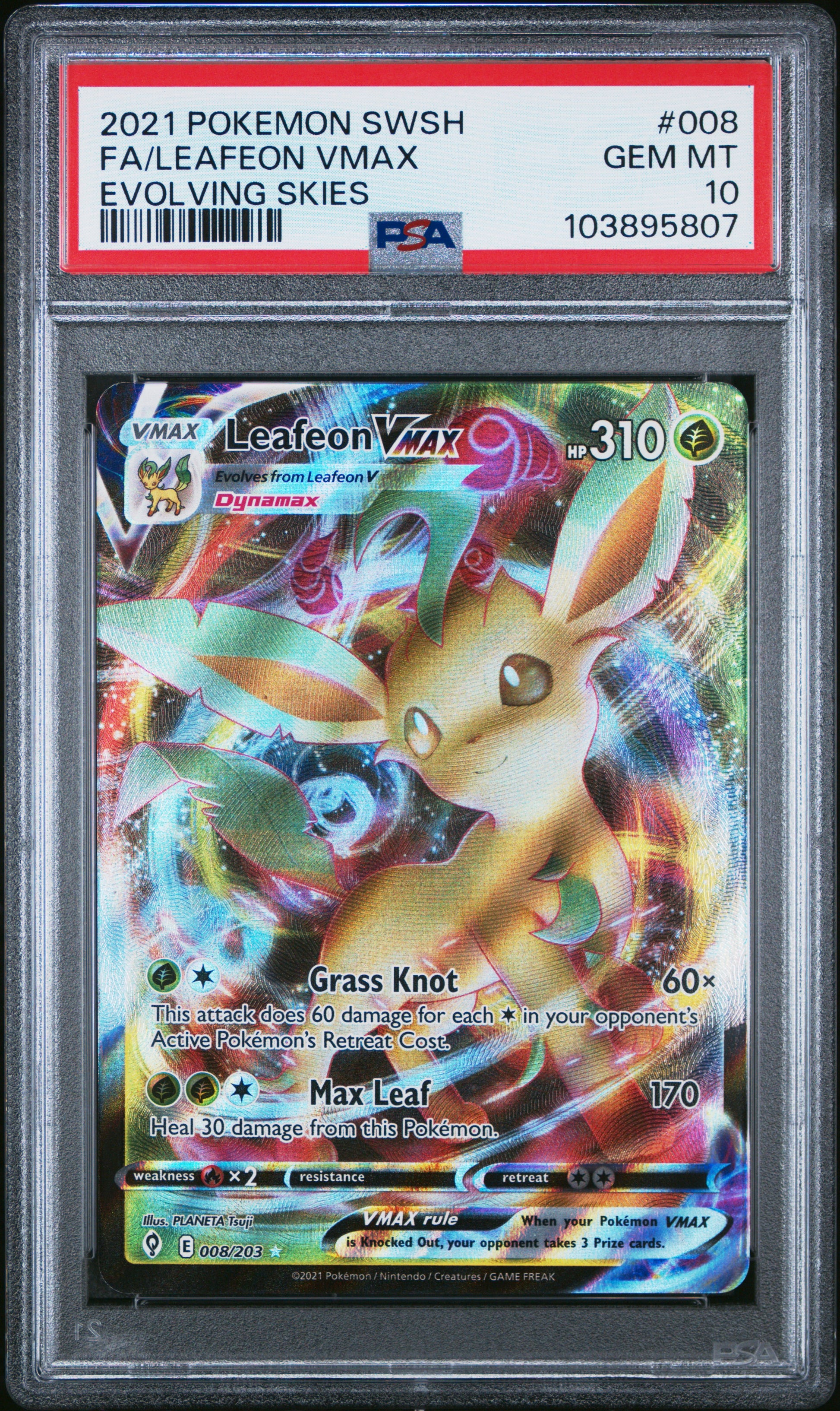 FA/LEAFEON VMAX 8/203 Common POKEMON SWORD & SHIELD EVOLVING SKIES EVOLVING SKIES PSA10 GEM MT 10 PSA population 876 <a href=https://www.psacard.com/cert/103895807/psa>https://www.psacard.com/cert/103895807/psa</a>