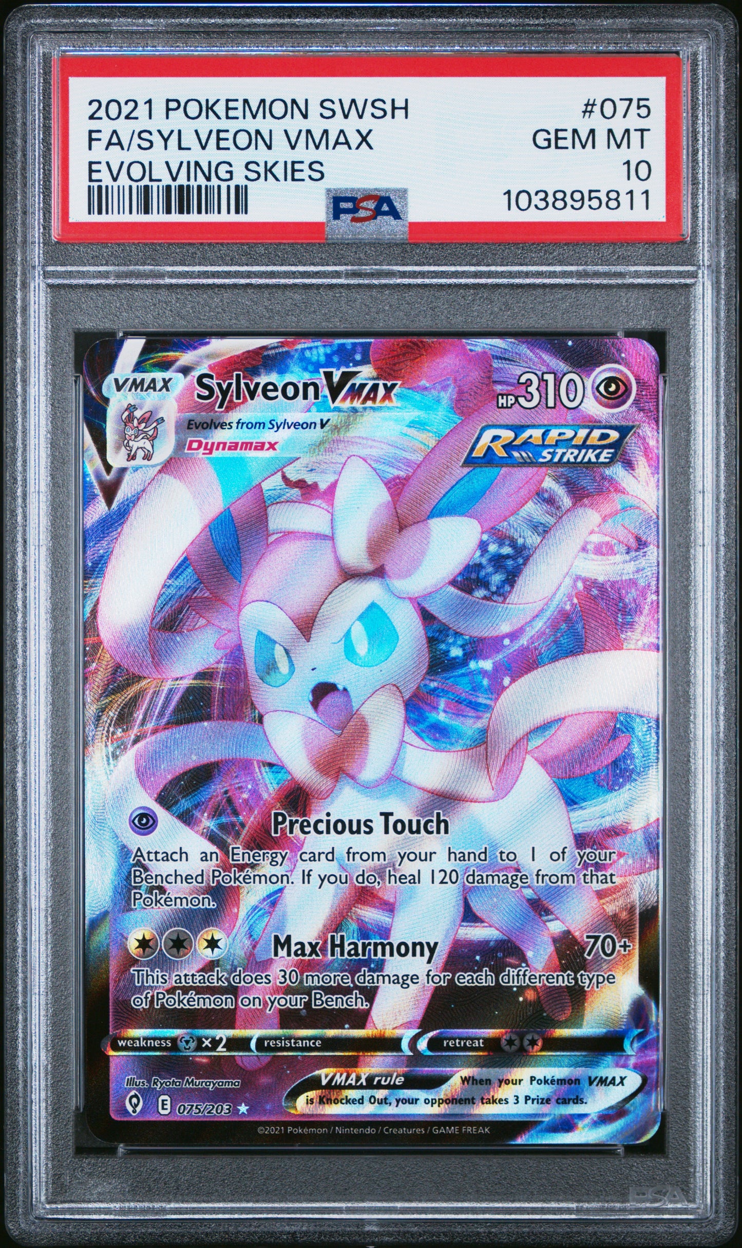 FA/SYLVEON VMAX 75/203 Common POKEMON SWORD & SHIELD EVOLVING SKIES EVOLVING SKIES PSA10 GEM MT 10 PSA population 1297 <a href=https://www.psacard.com/cert/103895811/psa>https://www.psacard.com/cert/103895811/psa</a>