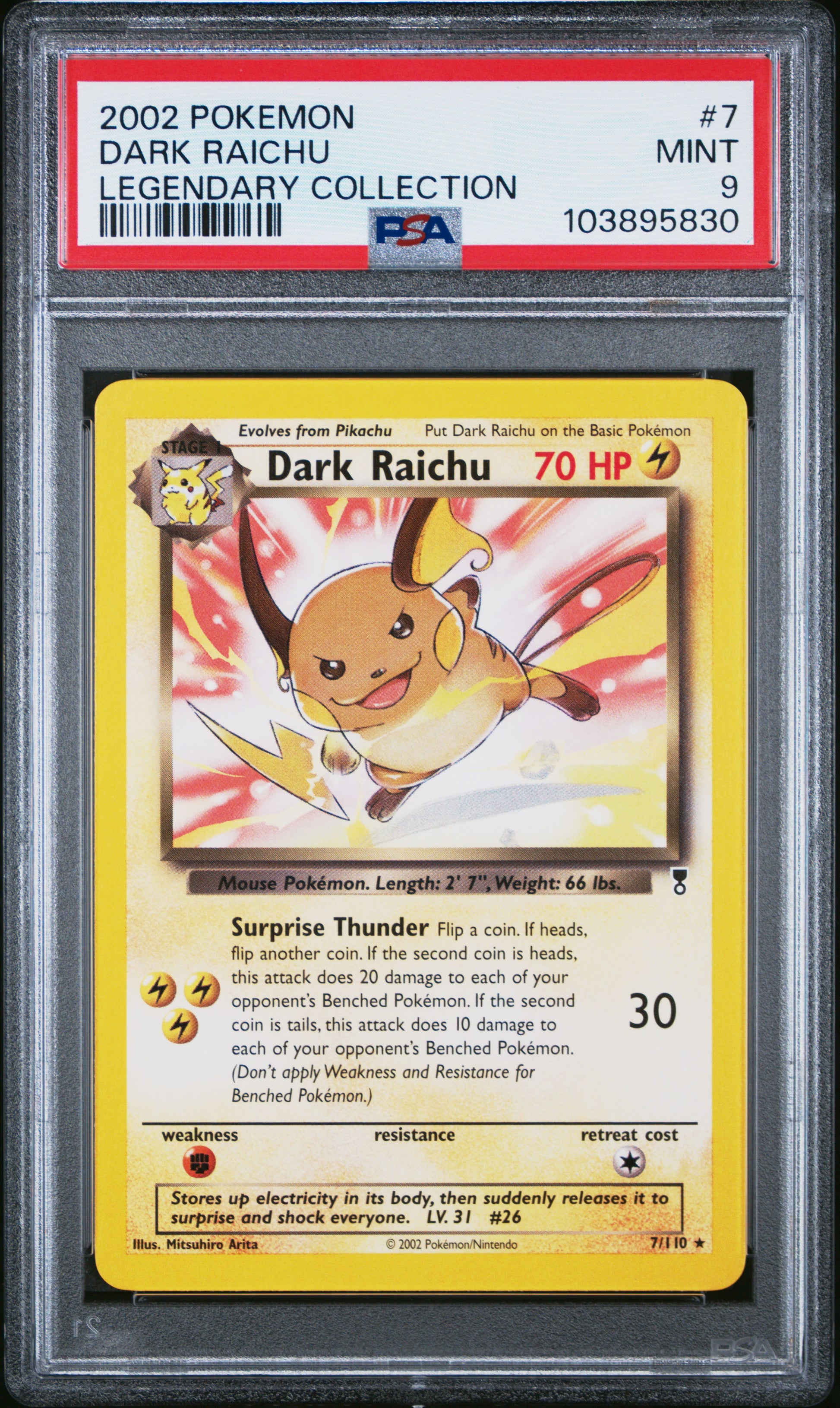 DARK RAICHU 7/110 Common POKEMON LEGENDARY COLLECTION LEGENDARY COLLECTION PSA9 MINT 9 PSA population 52 <a href=https://www.psacard.com/cert/103895830/psa>https://www.psacard.com/cert/103895830/psa</a>