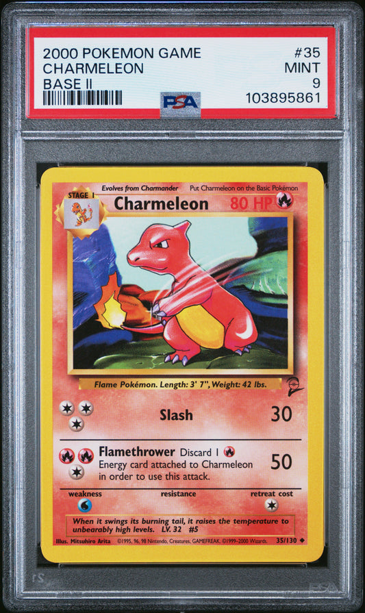 CHARMELEON 35/130 Common POKEMON GAME BASE II BASE II PSA9 MINT 9 PSA population 248 <a href=https://www.psacard.com/cert/103895861/psa>https://www.psacard.com/cert/103895861/psa</a>