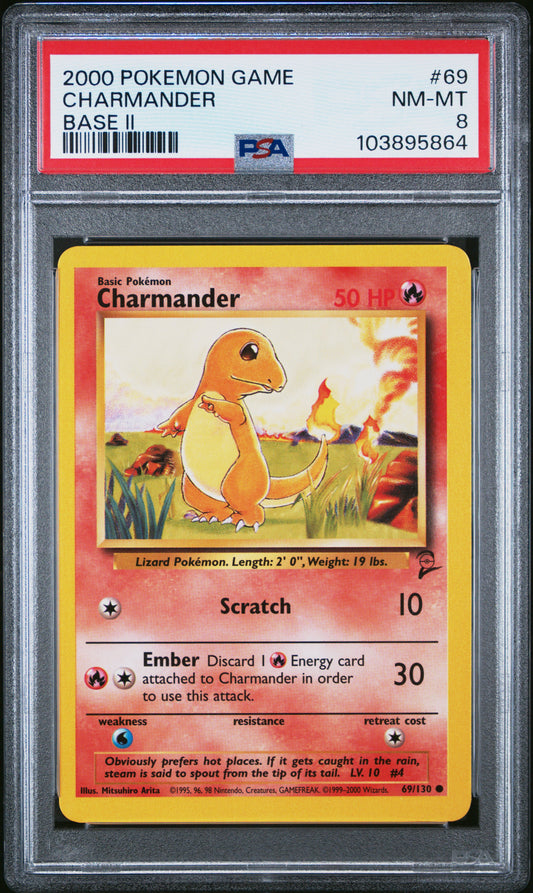 CHARMANDER 69/130 Common POKEMON GAME BASE II BASE II PSA8 NM-MT 8 PSA population 273 <a href=https://www.psacard.com/cert/103895864/psa>https://www.psacard.com/cert/103895864/psa</a>