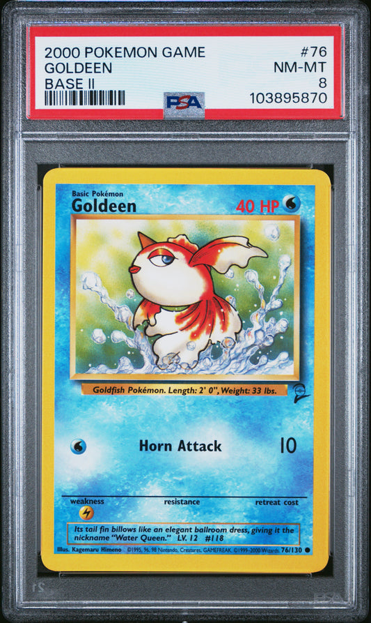 GOLDEEN 76/130 Common POKEMON GAME BASE II BASE II PSA8 NM-MT 8 PSA population 18 <a href=https://www.psacard.com/cert/103895870/psa>https://www.psacard.com/cert/103895870/psa</a>