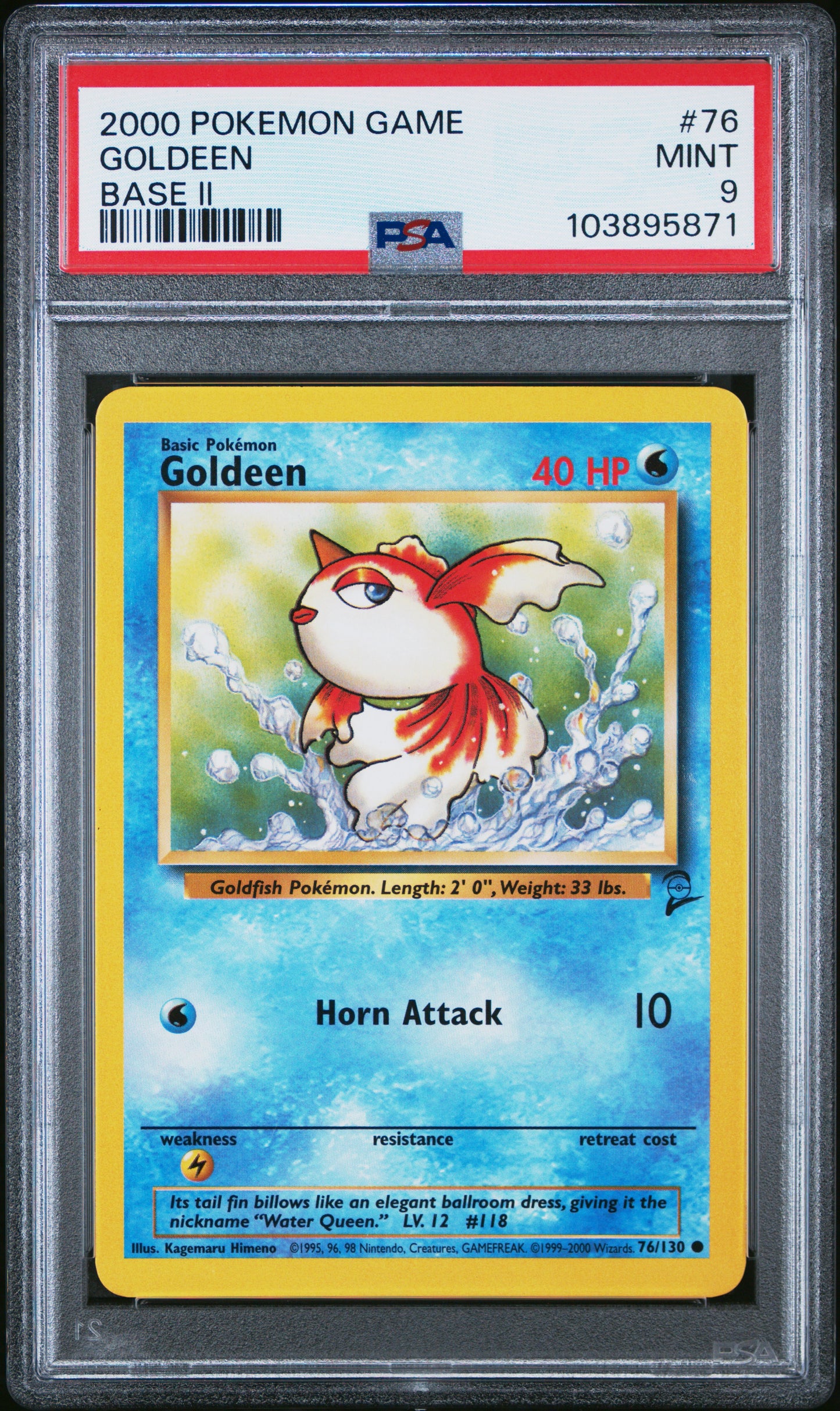 GOLDEEN 76/130 Common POKEMON GAME BASE II BASE II PSA9 MINT 9 PSA population 65 <a href=https://www.psacard.com/cert/103895871/psa>https://www.psacard.com/cert/103895871/psa</a>