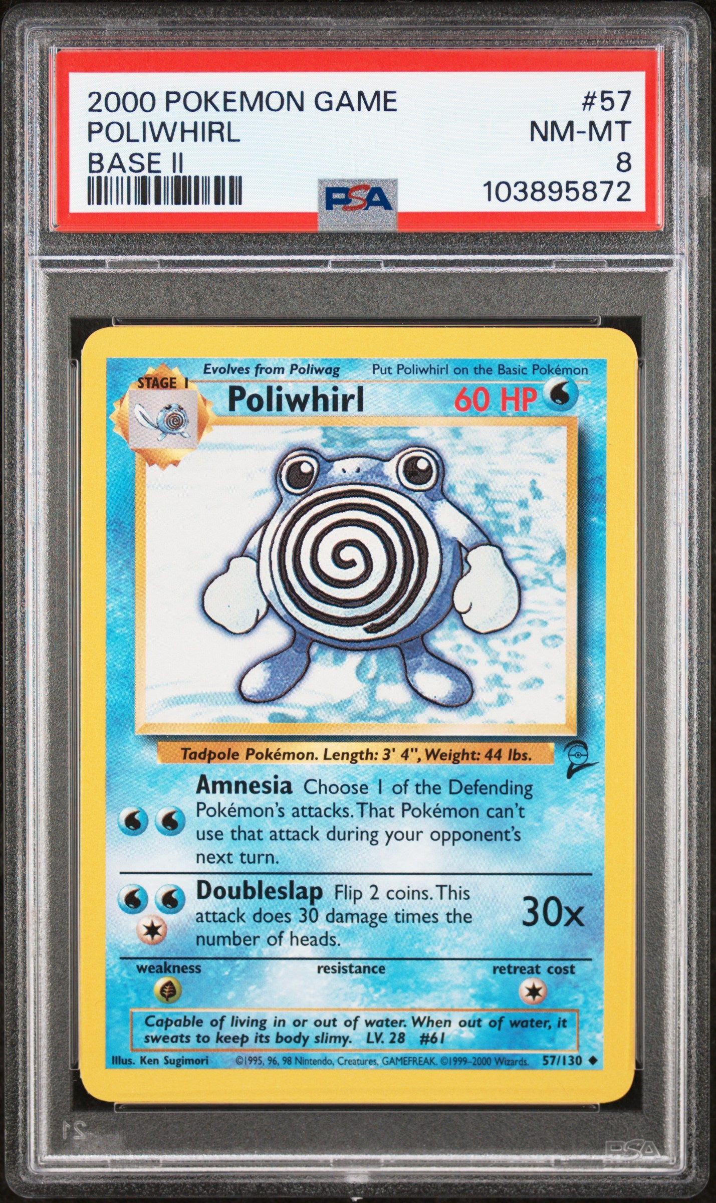 POLIWHIRL 57/130 Common POKEMON GAME BASE II BASE II PSA8 NM-MT 8 PSA population 36 <a href=https://www.psacard.com/cert/103895872/psa>https://www.psacard.com/cert/103895872/psa</a>