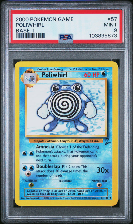 POLIWHIRL 57/130 Common POKEMON GAME BASE II BASE II PSA9 MINT 9 PSA population 92 <a href=https://www.psacard.com/cert/103895873/psa>https://www.psacard.com/cert/103895873/psa</a>