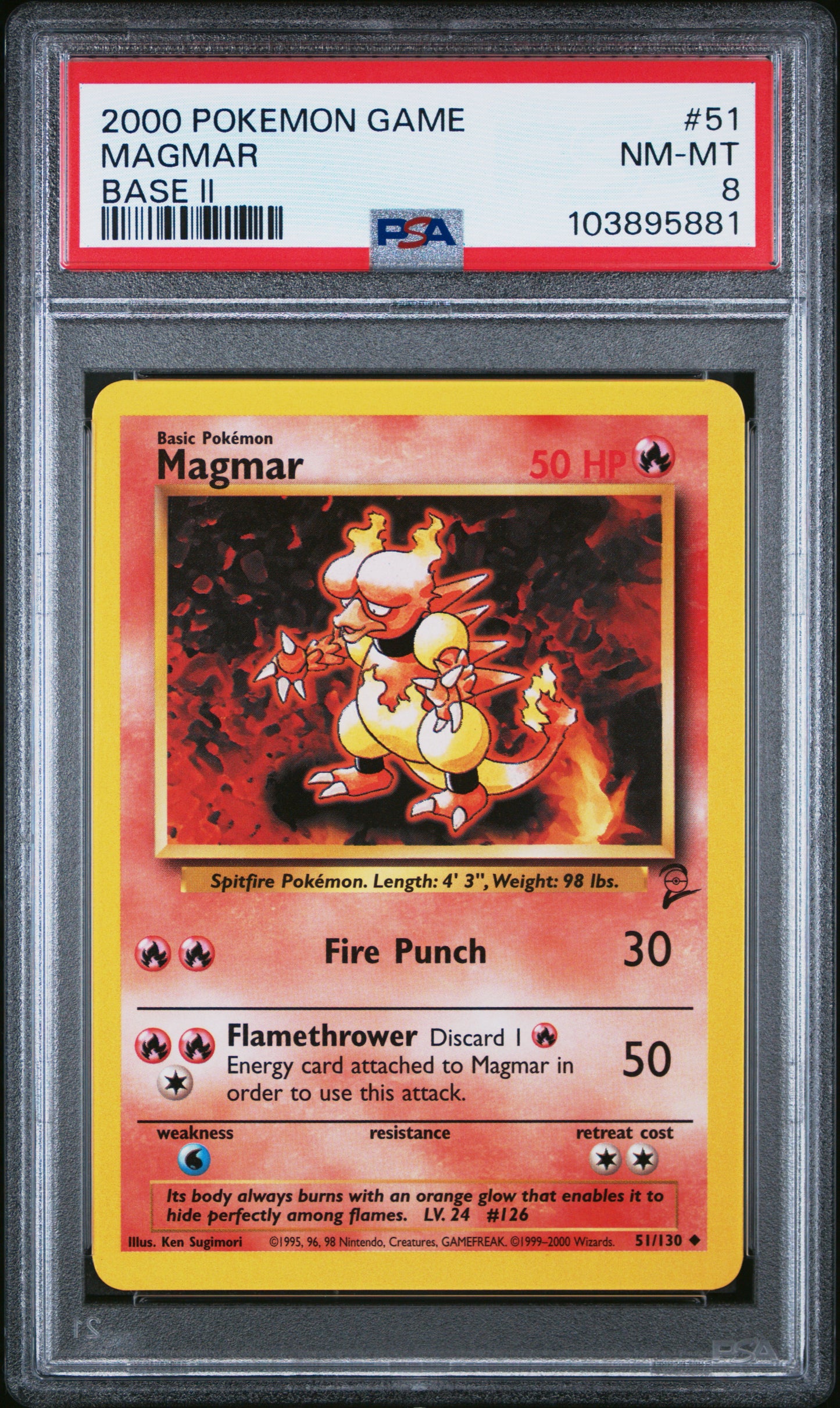 MAGMAR 51/130 Common POKEMON GAME BASE II BASE II PSA8 NM-MT 8 PSA population 16 <a href=https://www.psacard.com/cert/103895881/psa>https://www.psacard.com/cert/103895881/psa</a>