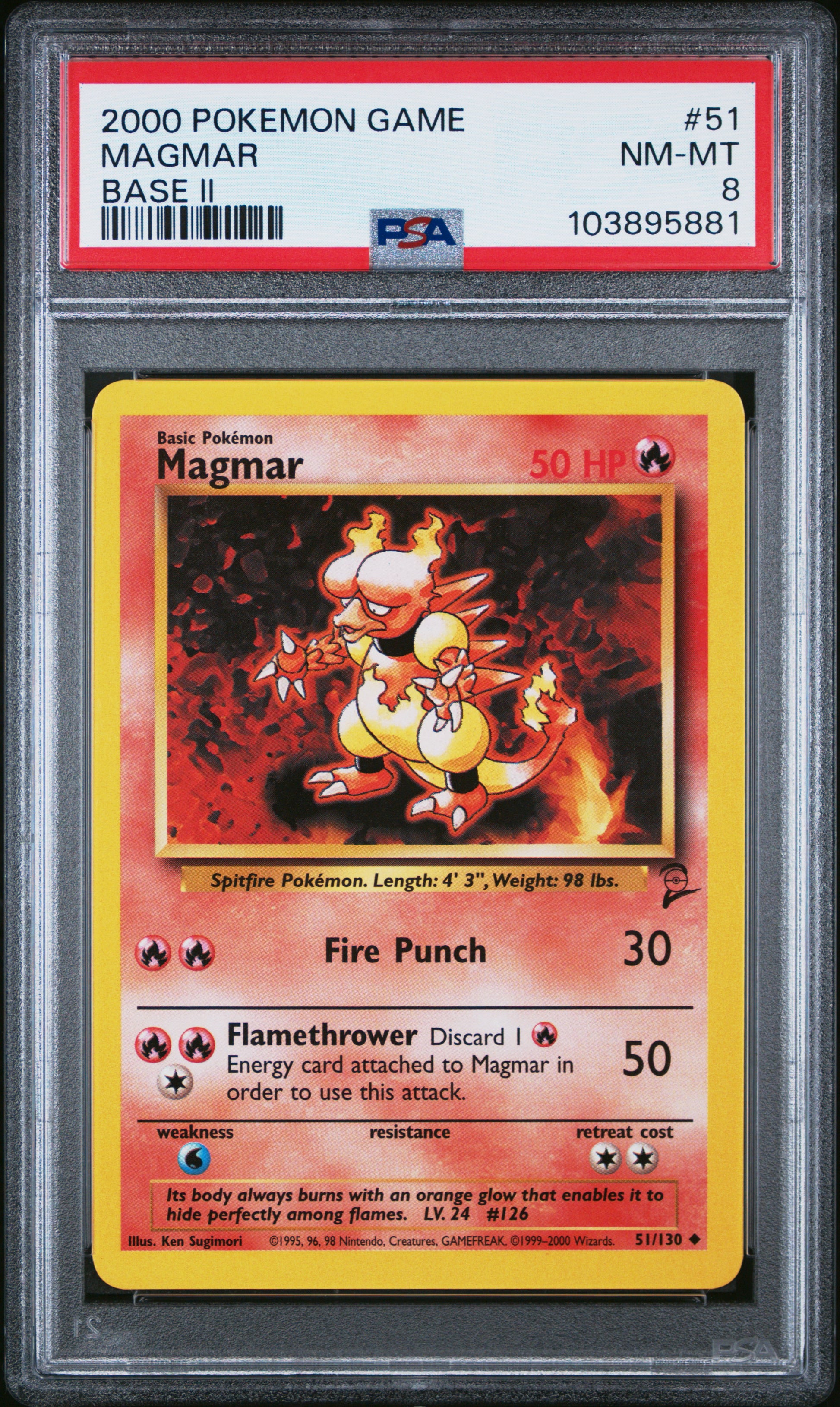 MAGMAR 51/130 Common POKEMON GAME BASE II BASE II PSA8 NM-MT 8 PSA population 16 <a href=https://www.psacard.com/cert/103895881/psa>https://www.psacard.com/cert/103895881/psa</a>
