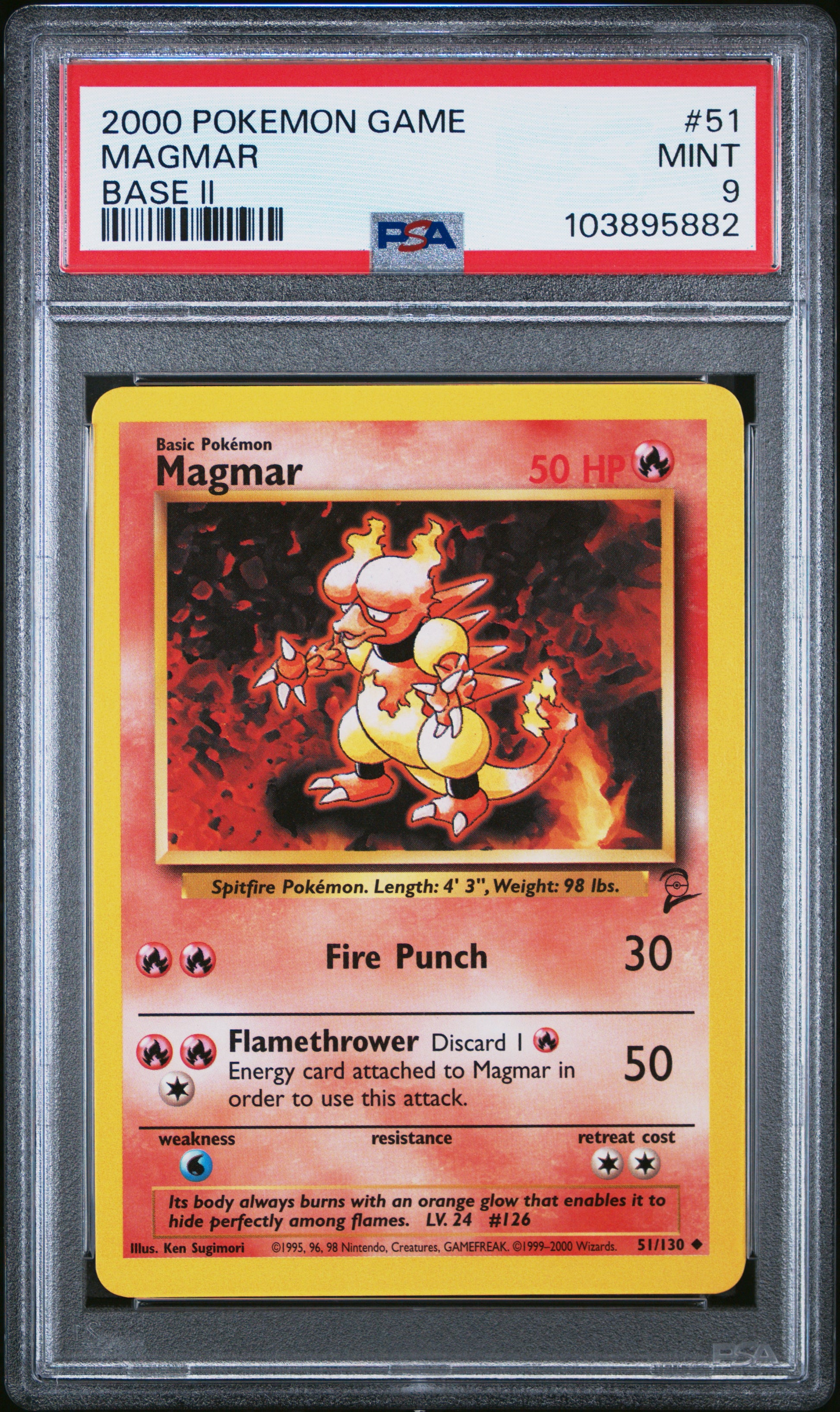 MAGMAR 51/130 Common POKEMON GAME BASE II BASE II PSA9 MINT 9 PSA population 65 <a href=https://www.psacard.com/cert/103895882/psa>https://www.psacard.com/cert/103895882/psa</a>