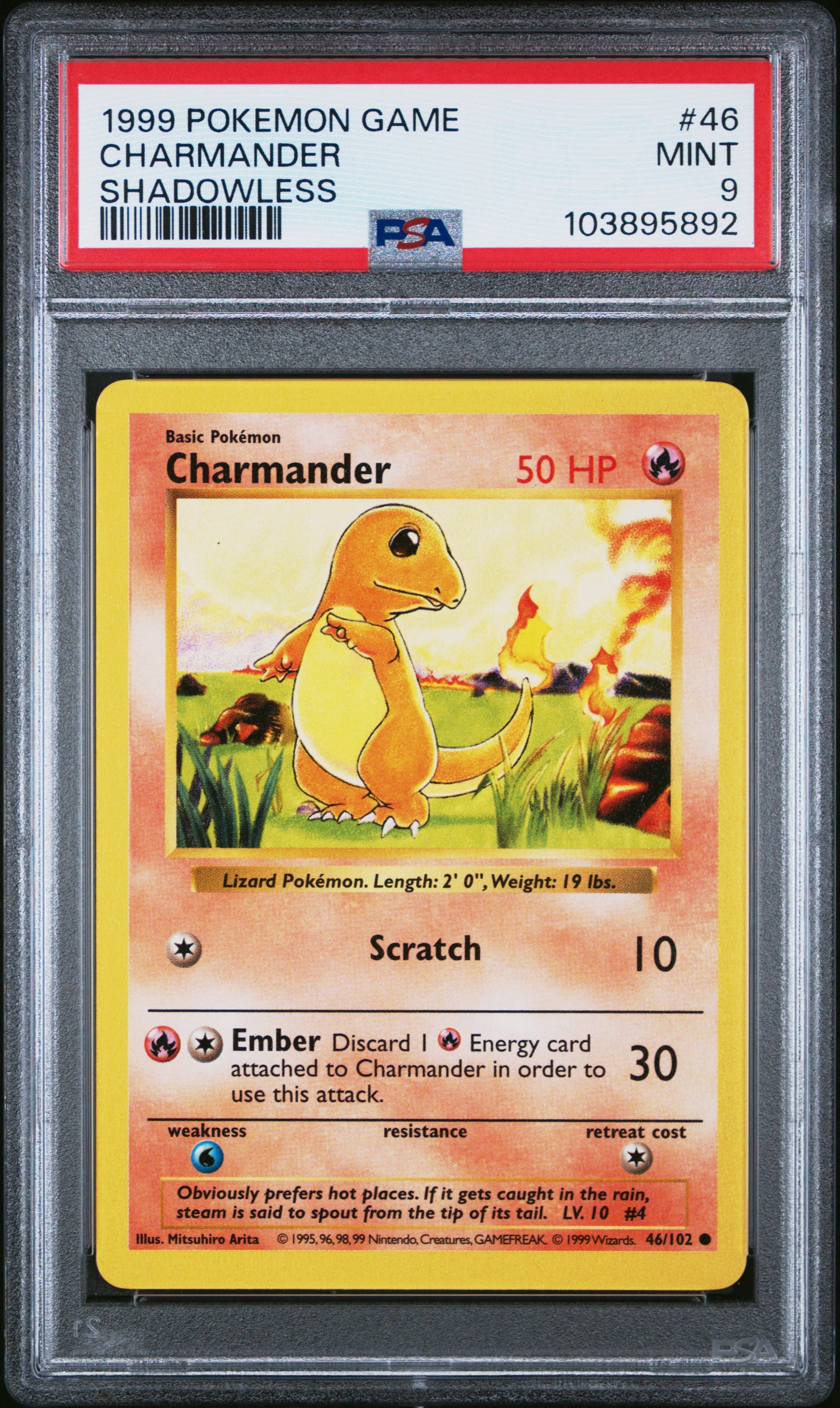 CHARMANDER 46/102 [Shadowless]  POKEMON GAME SHADOWLESS PSA9 MINT 9 PSA population 3444 <a href=https://www.psacard.com/cert/103895892/psa>https://www.psacard.com/cert/103895892/psa</a>