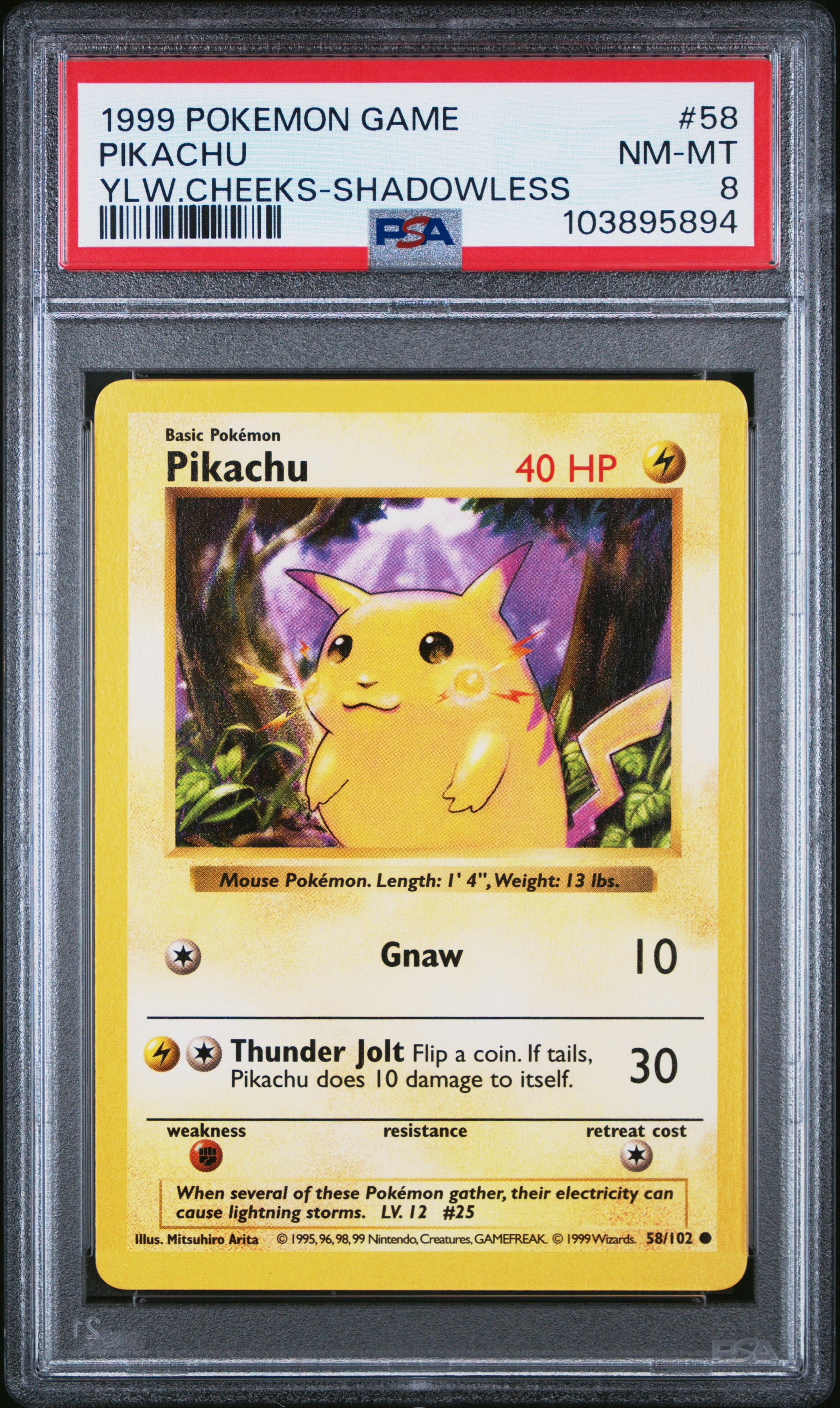 PIKACHU 58/102 [Shadowless]  POKEMON GAME YLW.CHEEKS-SHADOWLESS PSA8 NM-MT 8 PSA population 919 <a href=https://www.psacard.com/cert/103895894/psa>https://www.psacard.com/cert/103895894/psa</a>