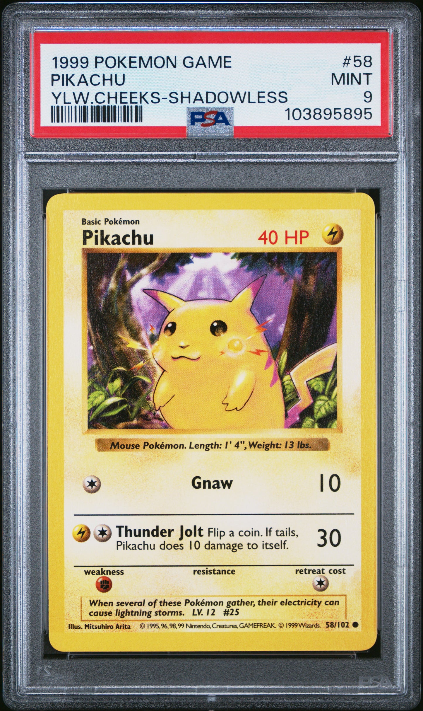 PIKACHU 58/102 [Shadowless]  POKEMON GAME YLW.CHEEKS-SHADOWLESS PSA9 MINT 9 PSA population 1726 <a href=https://www.psacard.com/cert/103895895/psa>https://www.psacard.com/cert/103895895/psa</a>