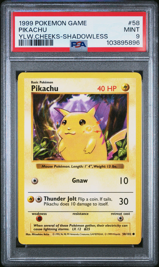 PIKACHU 58/102 [Shadowless]  POKEMON GAME YLW.CHEEKS-SHADOWLESS PSA9 MINT 9 PSA population 1726 <a href=https://www.psacard.com/cert/103895896/psa>https://www.psacard.com/cert/103895896/psa</a>