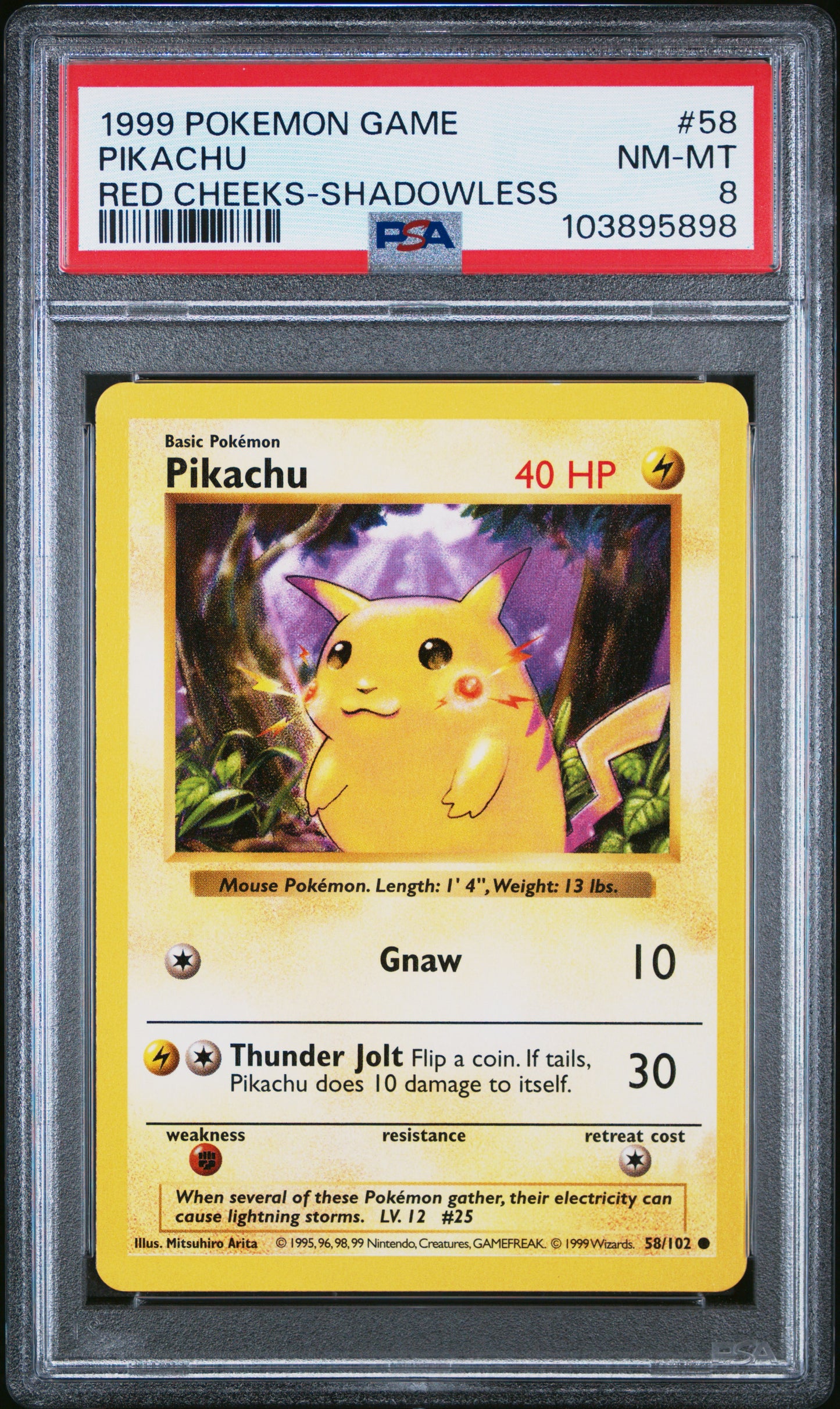 PIKACHU 58/102 [Shadowless Red Cheeks]  POKEMON GAME RED CHEEKS-SHADOWLESS PSA8 NM-MT 8 PSA population 2098 <a href=https://www.psacard.com/cert/103895898/psa>https://www.psacard.com/cert/103895898/psa</a>