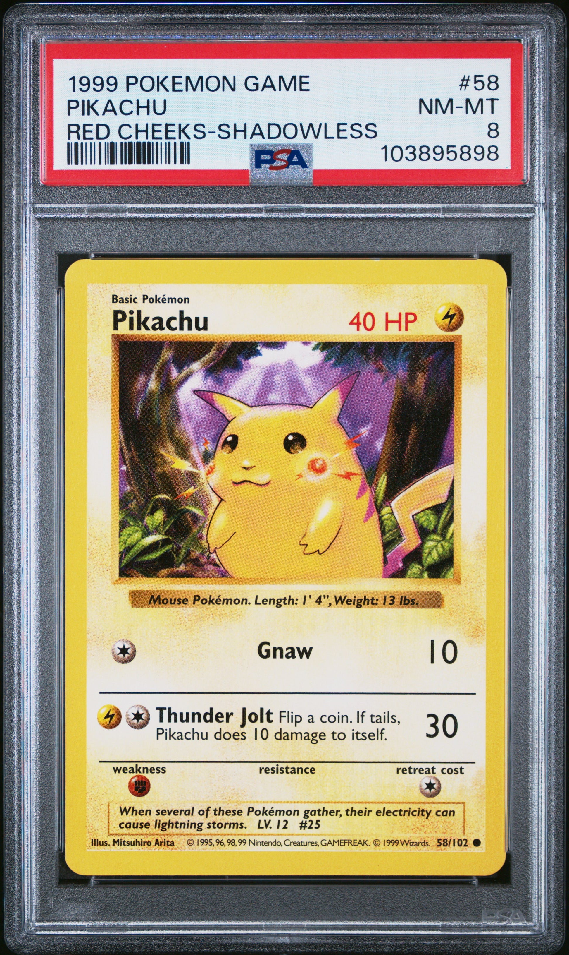 PIKACHU 58/102 [Shadowless Red Cheeks]  POKEMON GAME RED CHEEKS-SHADOWLESS PSA8 NM-MT 8 PSA population 2098 <a href=https://www.psacard.com/cert/103895898/psa>https://www.psacard.com/cert/103895898/psa</a>