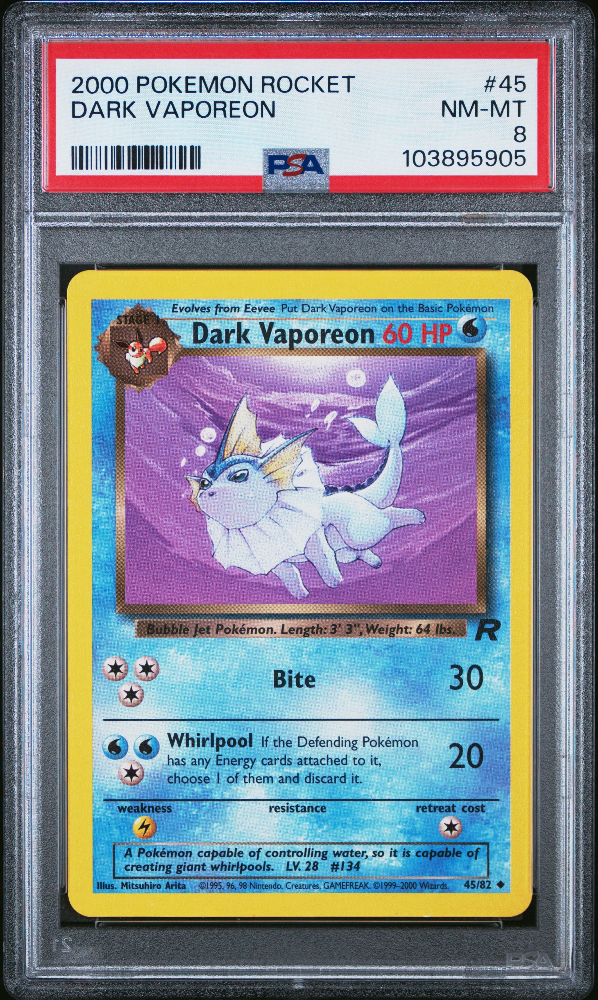 DARK VAPOREON 45/82 Common POKEMON ROCKET PSA8 NM-MT 8 PSA population 257 <a href=https://www.psacard.com/cert/103895905/psa>https://www.psacard.com/cert/103895905/psa</a>