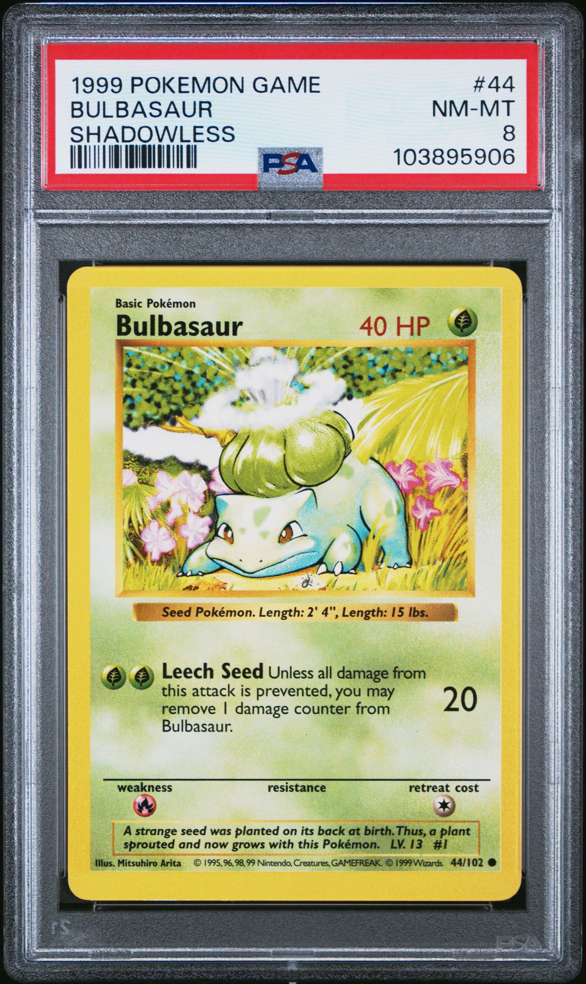 BULBASAUR 44/102 [Shadowless]  POKEMON GAME SHADOWLESS PSA8 NM-MT 8 PSA population 1080 <a href=https://www.psacard.com/cert/103895906/psa>https://www.psacard.com/cert/103895906/psa</a>
