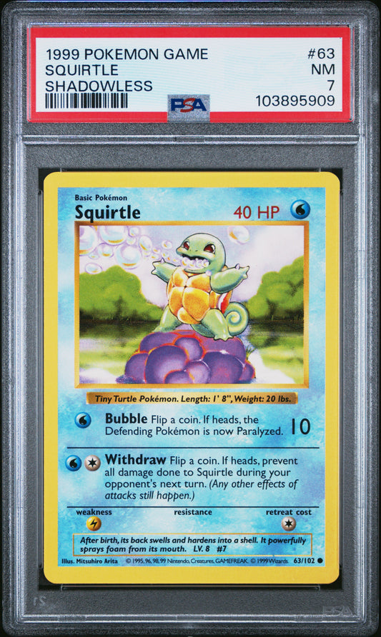 SQUIRTLE 63/102 [Shadowless]  POKEMON GAME SHADOWLESS PSA7 NM 7 PSA population 851 <a href=https://www.psacard.com/cert/103895909/psa>https://www.psacard.com/cert/103895909/psa</a>