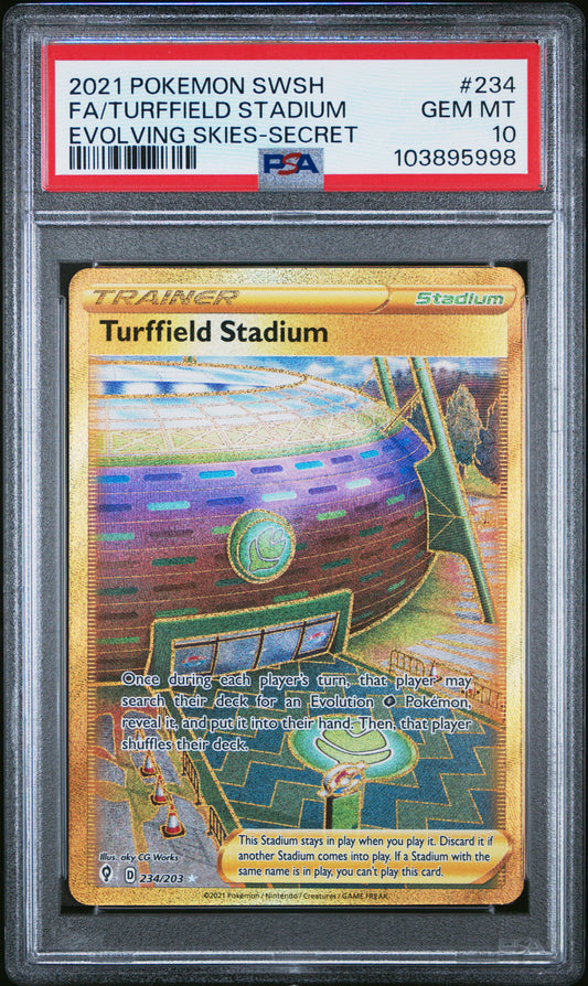 FA/TURFFIELD STADIUM 234/203 Common POKEMON SWORD & SHIELD EVOLVING SKIES EVOLVING SKIES-SECRET PSA10 GEM MT 10 PSA population 130 <a href=https://www.psacard.com/cert/103895998/psa>https://www.psacard.com/cert/103895998/psa</a>