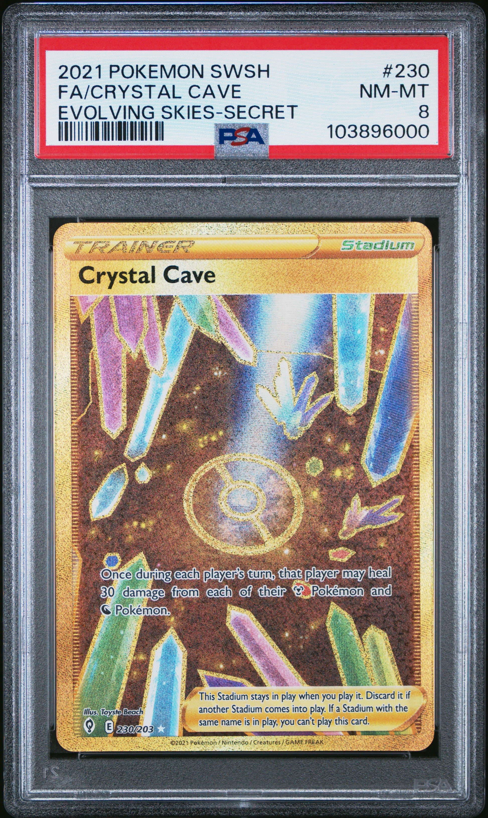 FA/CRYSTAL CAVE 230/203 Common POKEMON SWORD & SHIELD EVOLVING SKIES EVOLVING SKIES-SECRET PSA8 NM-MT 8 PSA population 20 <a href=https://www.psacard.com/cert/103896000/psa>https://www.psacard.com/cert/103896000/psa</a>