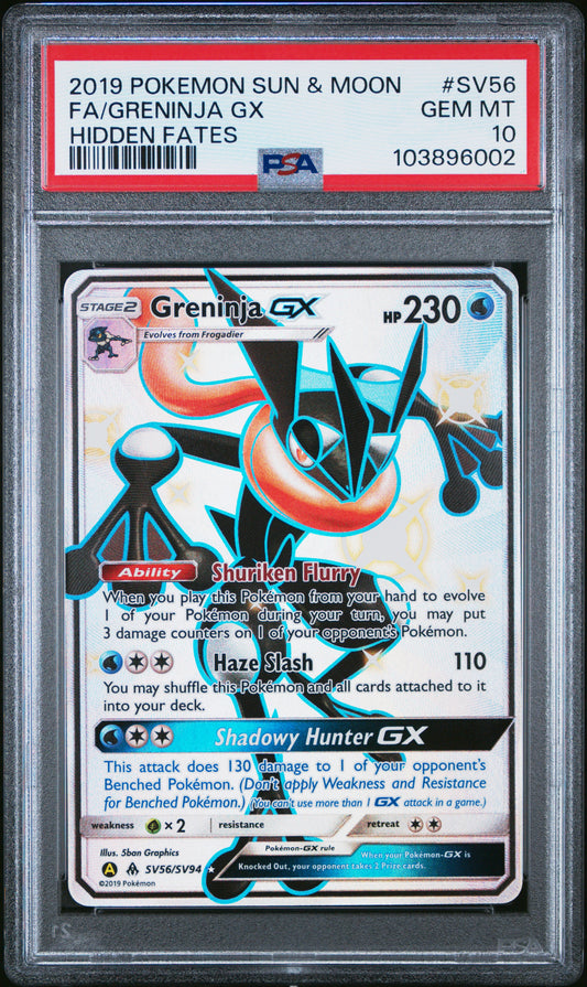 FA/GRENINJA GX SV56/SV94 Common POKEMON SUN & MOON HIDDEN FATES HIDDEN FATES PSA10 GEM MT 10 PSA population 3914 <a href=https://www.psacard.com/cert/103896002/psa>https://www.psacard.com/cert/103896002/psa</a>